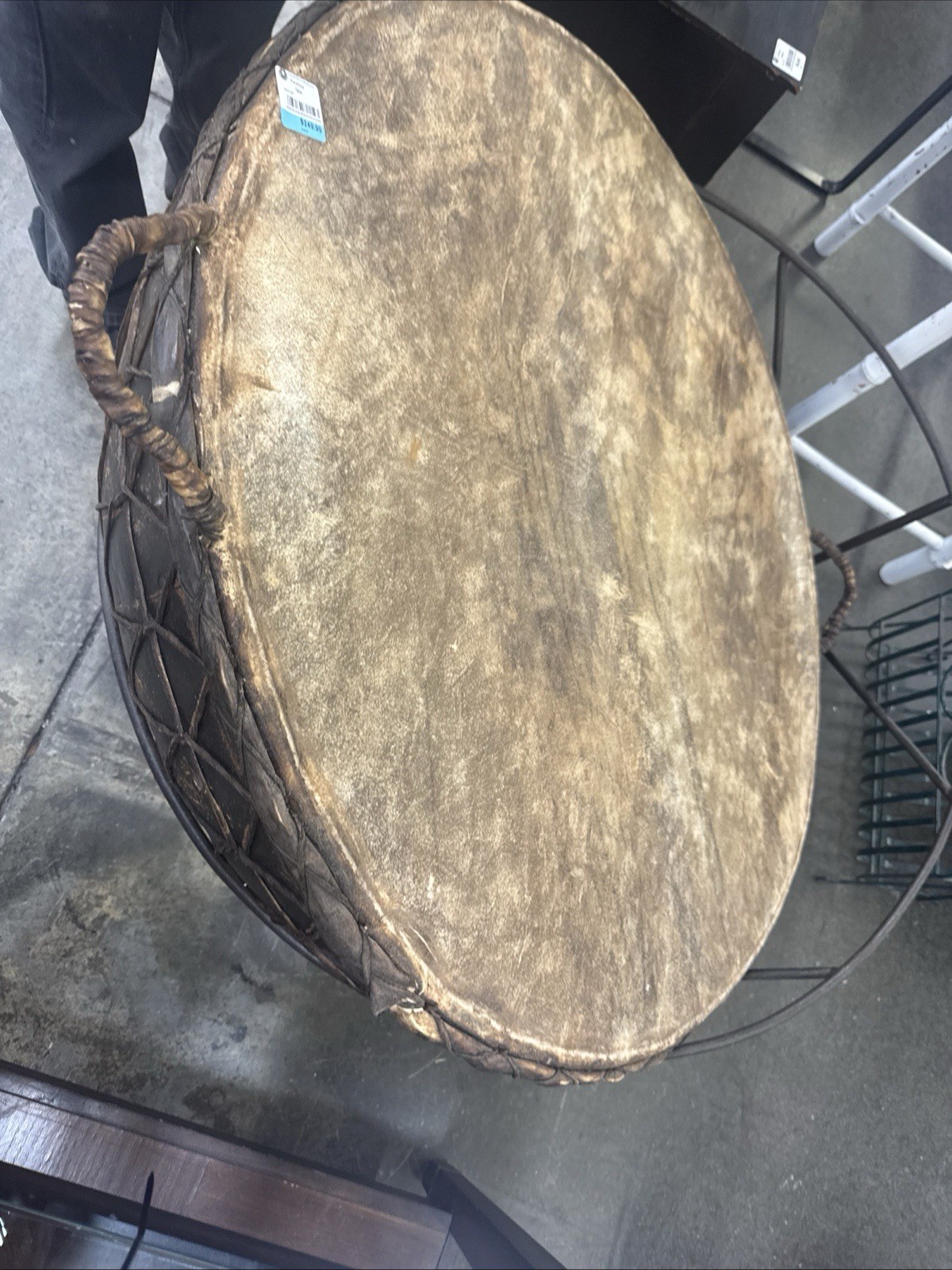 AFRICAN STYLE KETTLE DRUM Huge 39" diameter riveted steel metal Rare With Stand