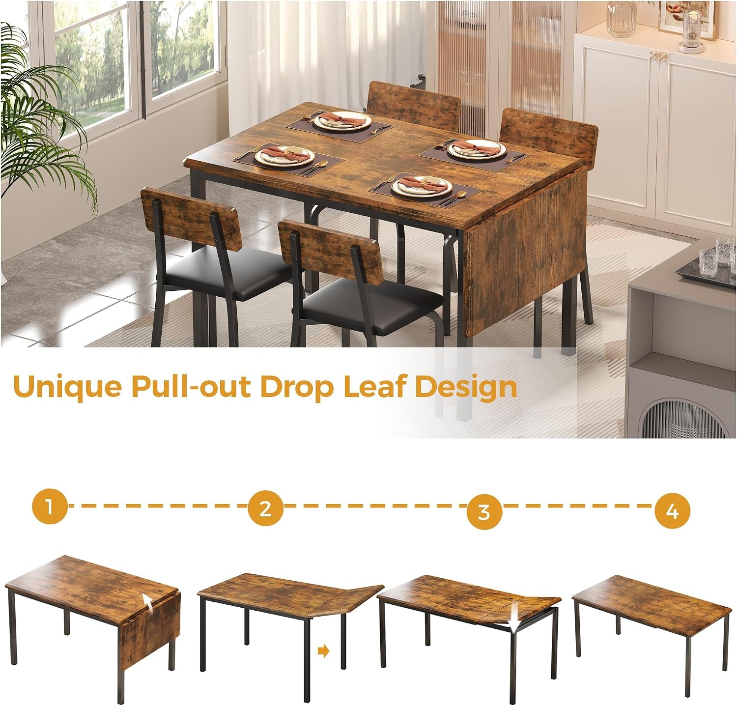 5-Piece 63" Extendable Dining Table W/ 4 Upholstered Chairs Kitchen Table Set