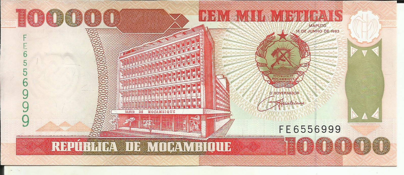 MOZAMBIQUE  100 000-100000 METICAIS 1993  P 139  UNC. 5RW 12GEN