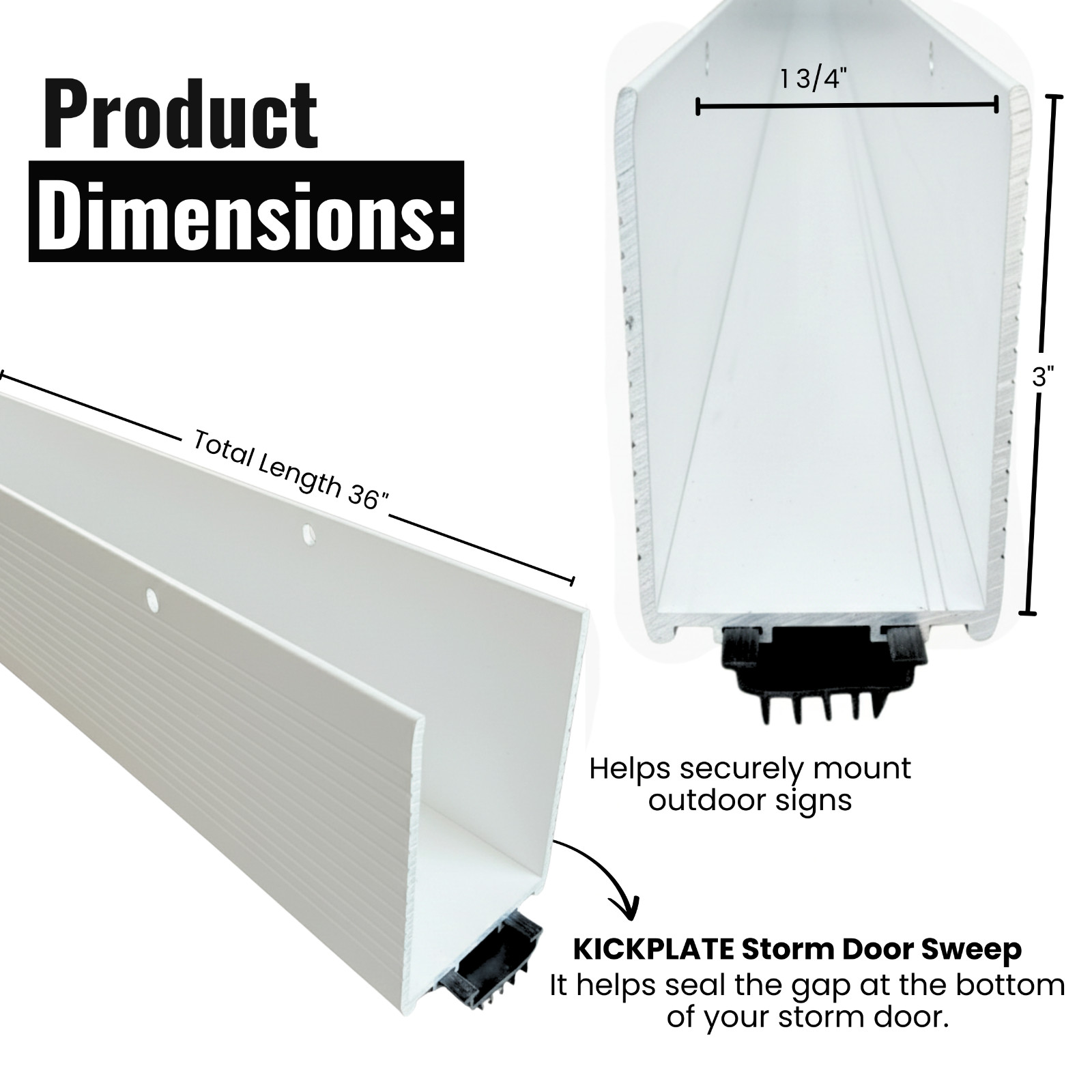 KC Hardware Storm 1-3/4” x 3" U Storm Door Sweep Replacement Bottom Sweep White
