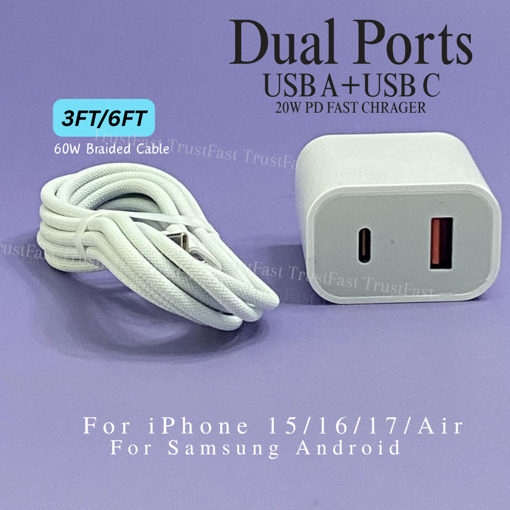 Fast Charger USB C To USB C 20W Block PD Braided Cable For iPhone 15 16e 17 iPad