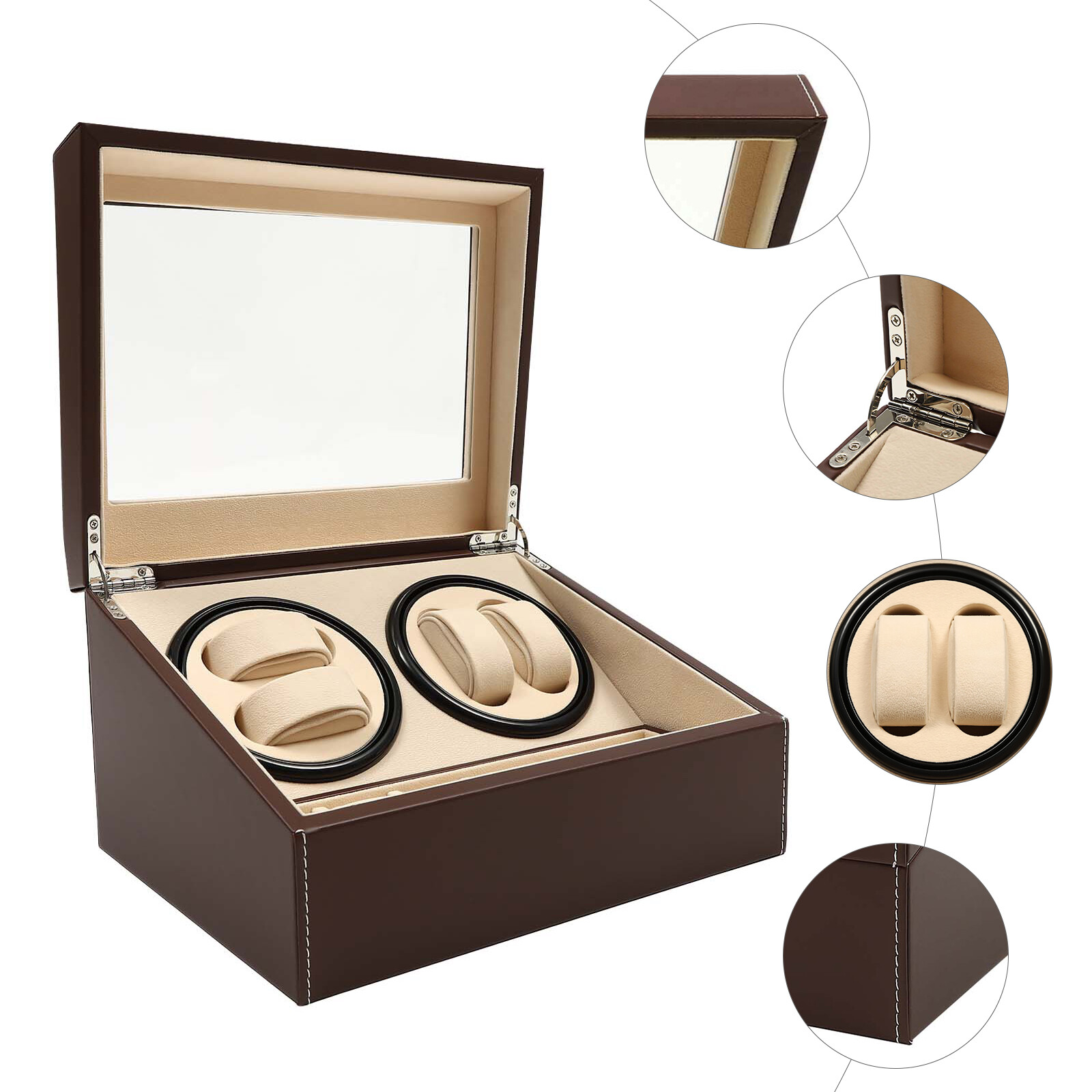 4+6 Automatic Rotation Leather Wood Watch Winder Storage Box Display Case