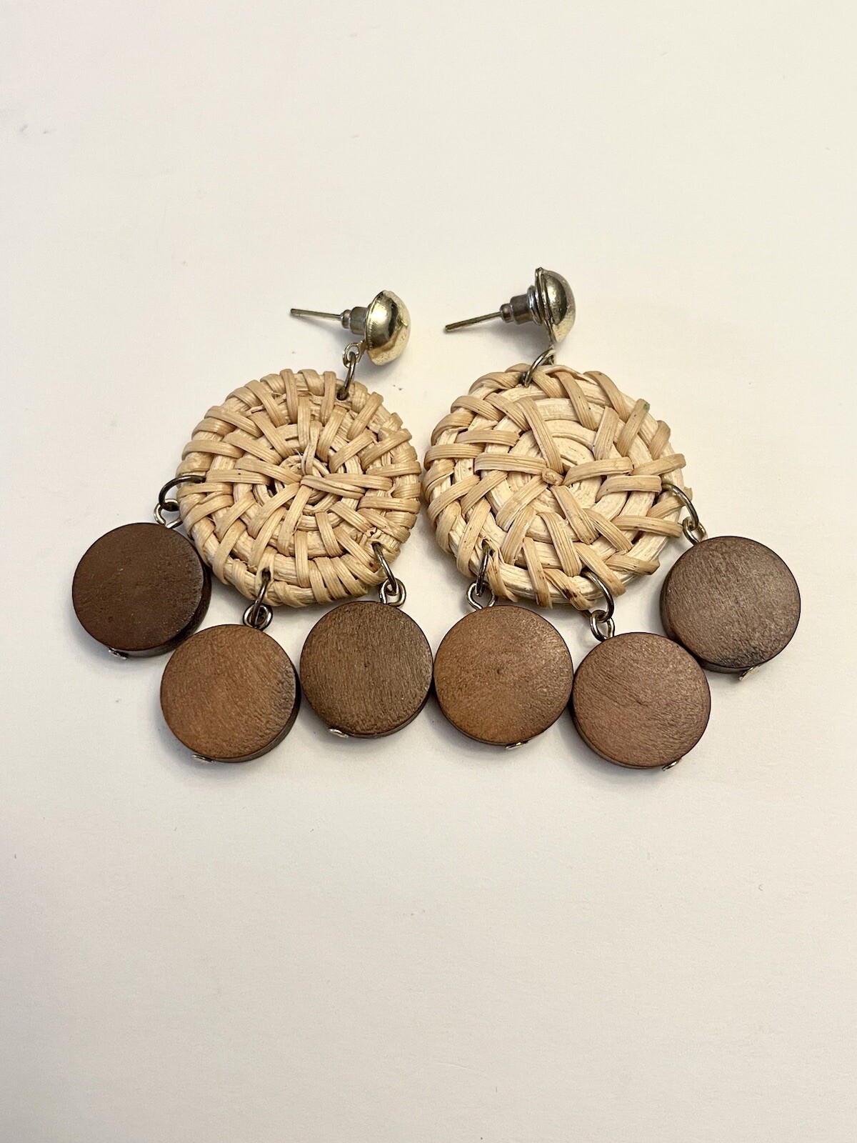 Retro Rattan Wicker Wood Dangle Pierced Earrings Boho