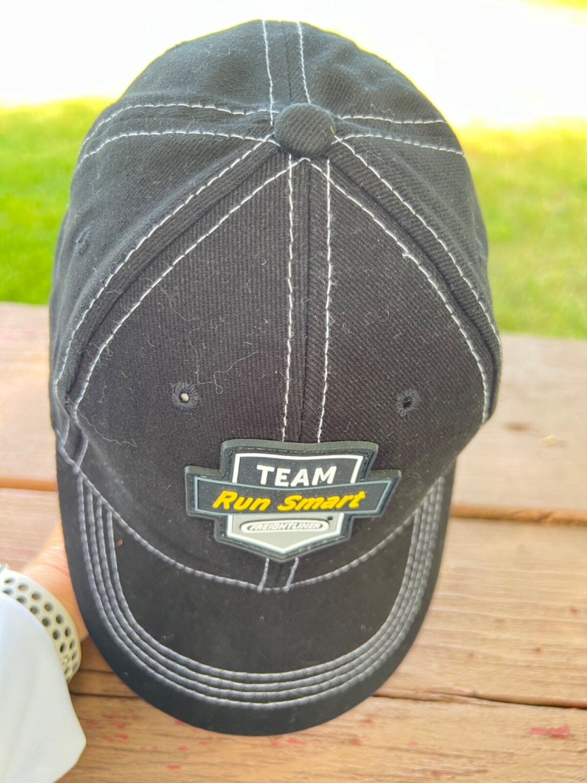 Team Run Smart Freight Liner Logo Black Hat Cap Hook Loop White Topstitch