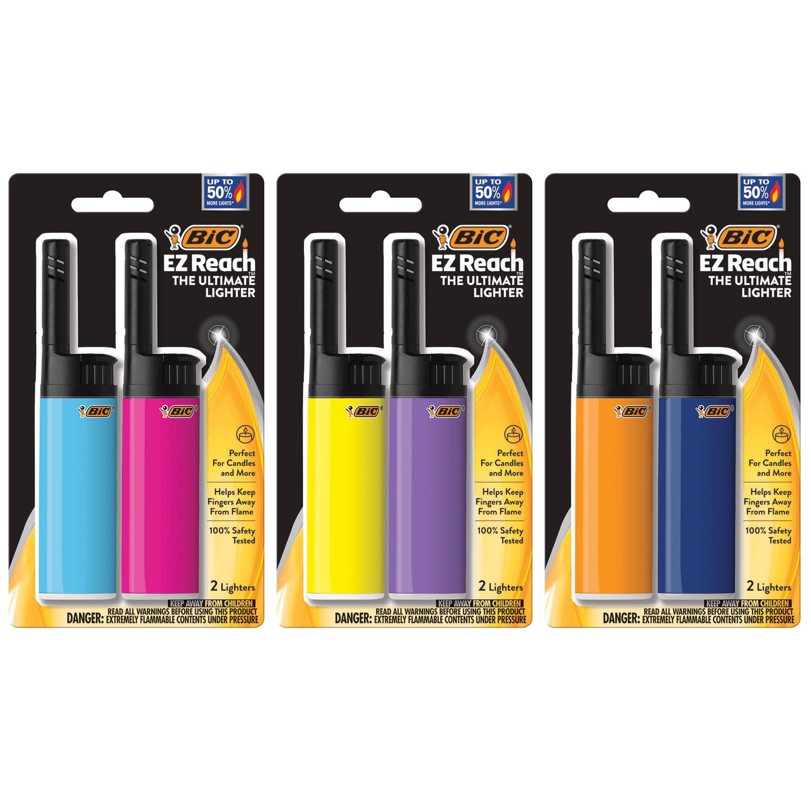 Bic Ez Reach Lighter 6 Count Pack Extended Wand Child Resistant Assorted Colors