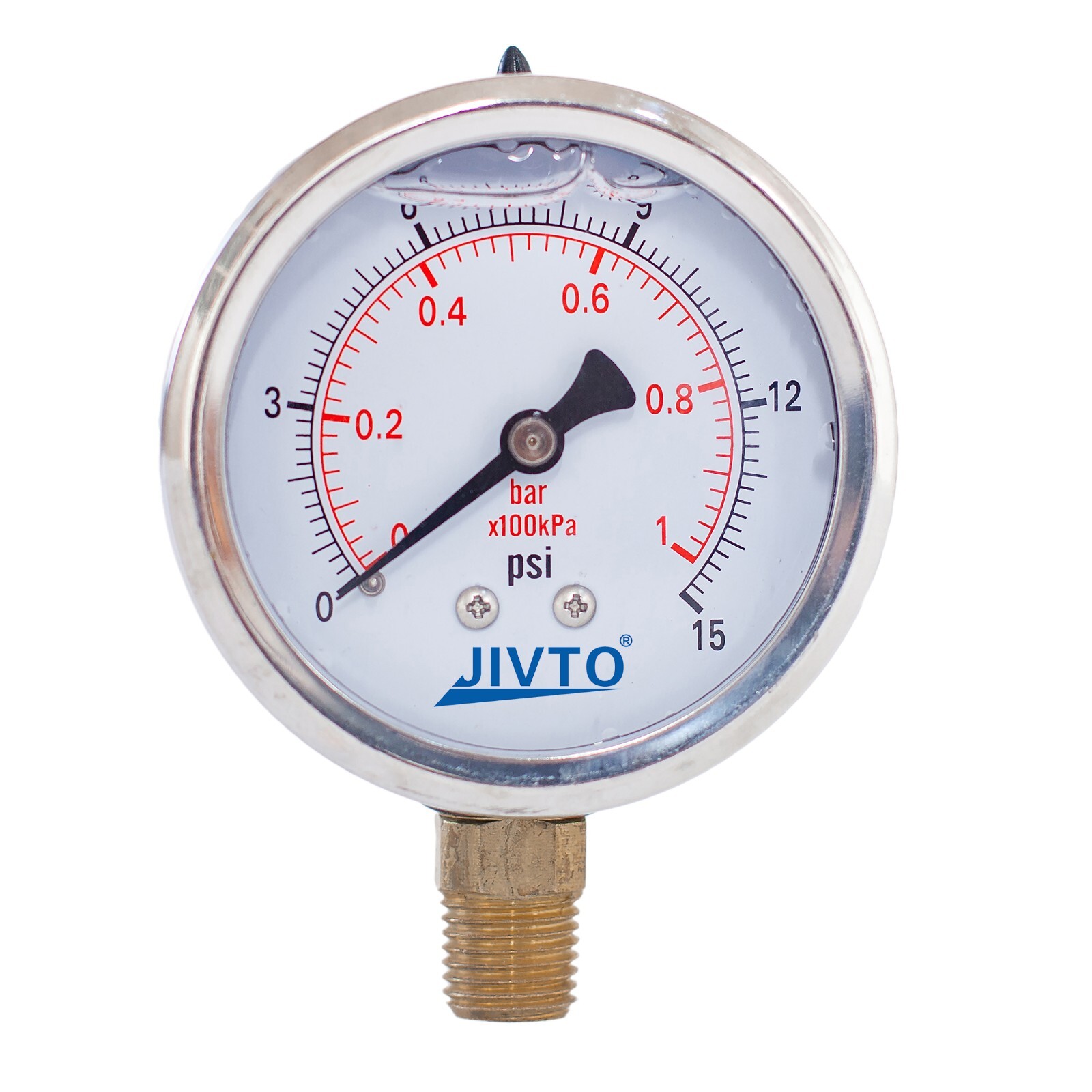 Pressure Gauge,Glycerin Filled,2-1/2" Dia,0-15 PSI, 1/4 NPT Lower Mount