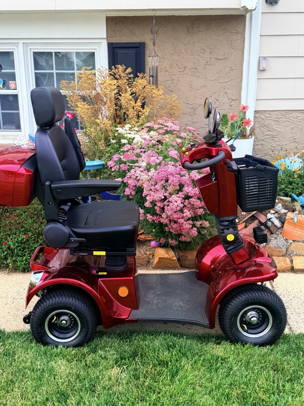 Red 4-Wheel Electric Mobility Scooter w/ Seat, Padded Armrests & Basket