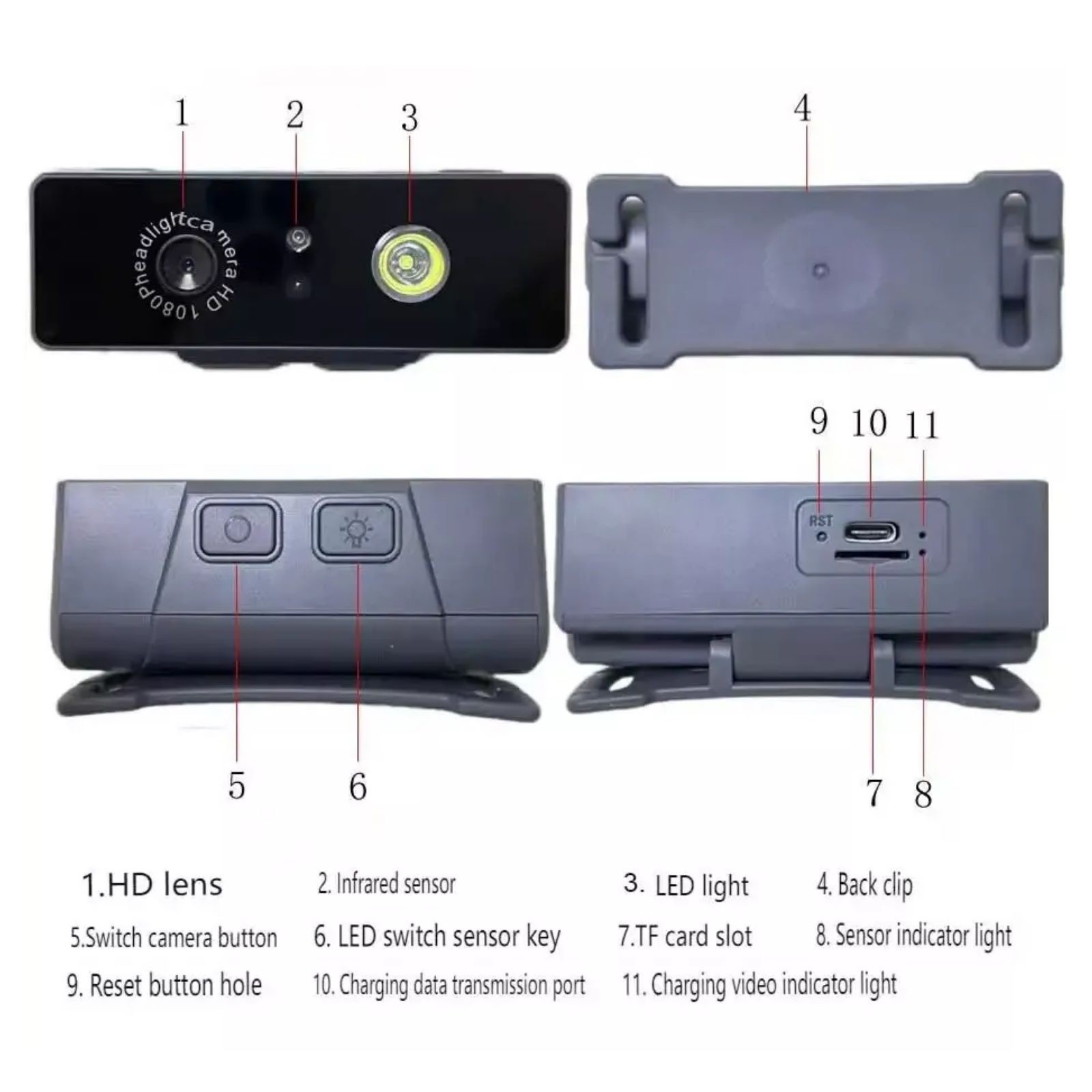 2 in 1 Head-mounted Action Camera 1080P HD Camcorder Camera Night Vision w/Light