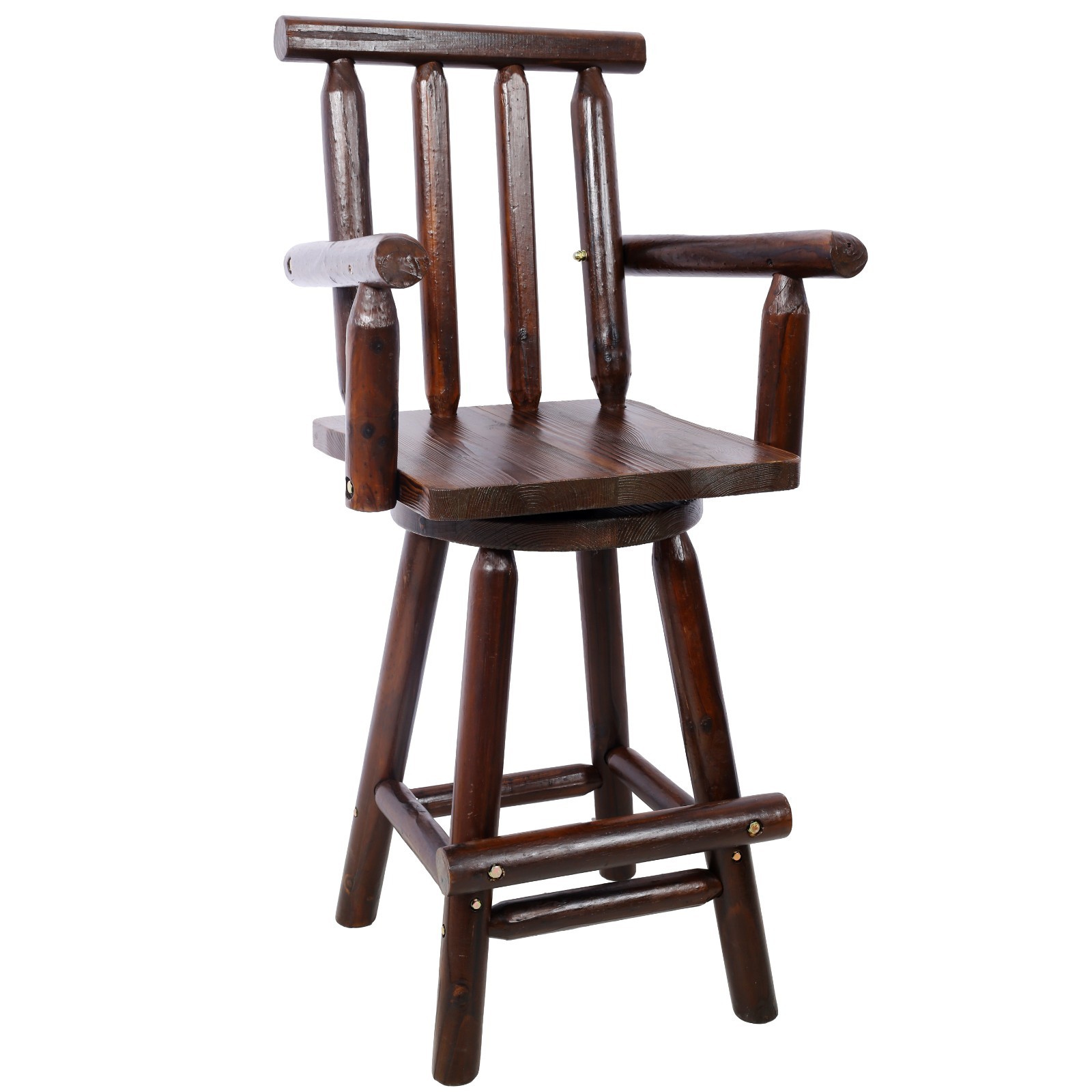 Rustic Fir Wood Bar Stool with Footrest & Wide Armrest, Brown