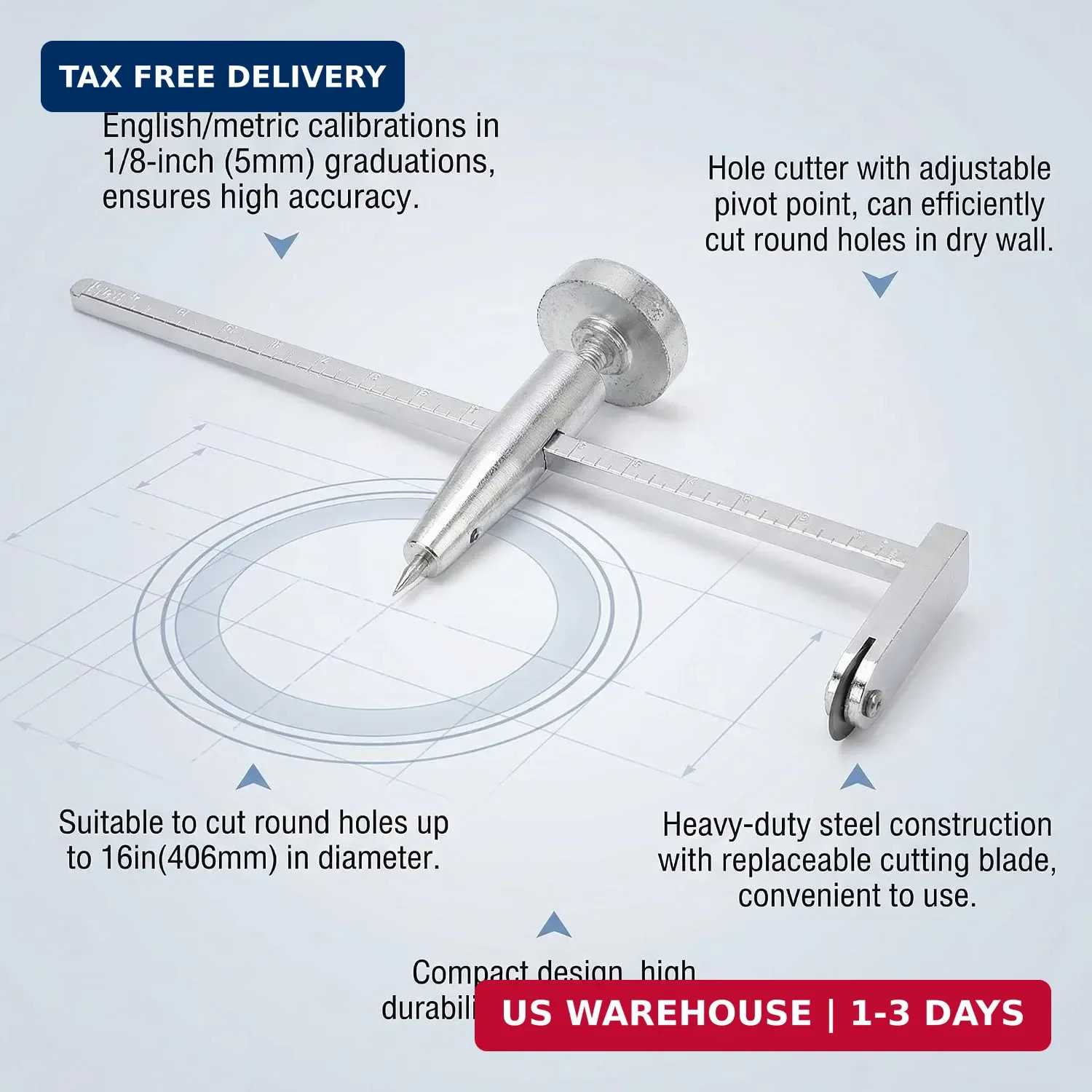 Drywall Circle Hole Cutter, 16 Inch Diameter, Adjustable Pivot Point, Steel Cons