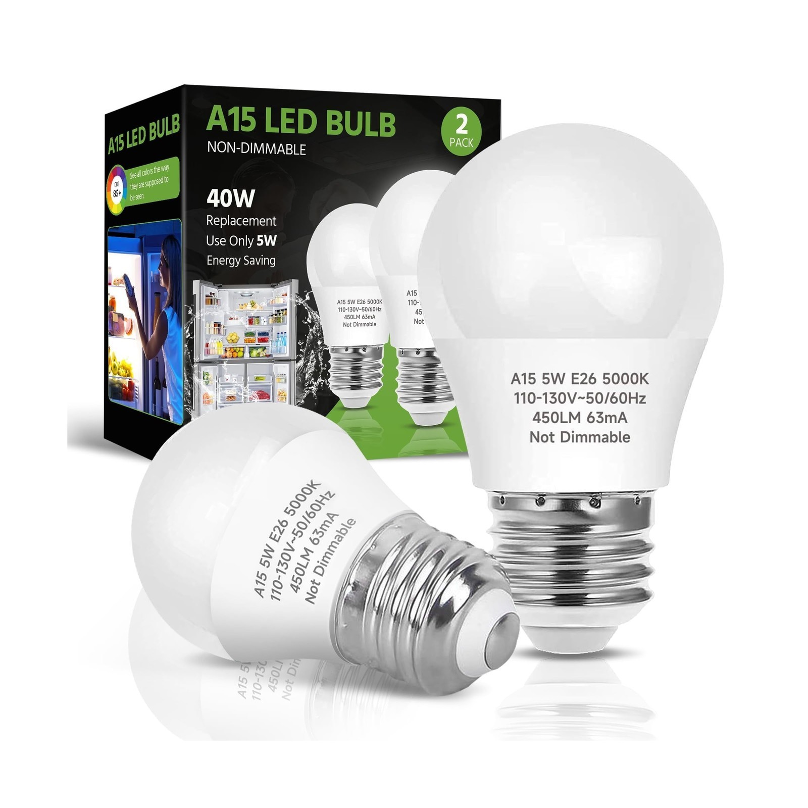 LED Refrigerator Light Bulb, 40W Equivalent LED A15 Bulb, 5W Daylight 5000K E...