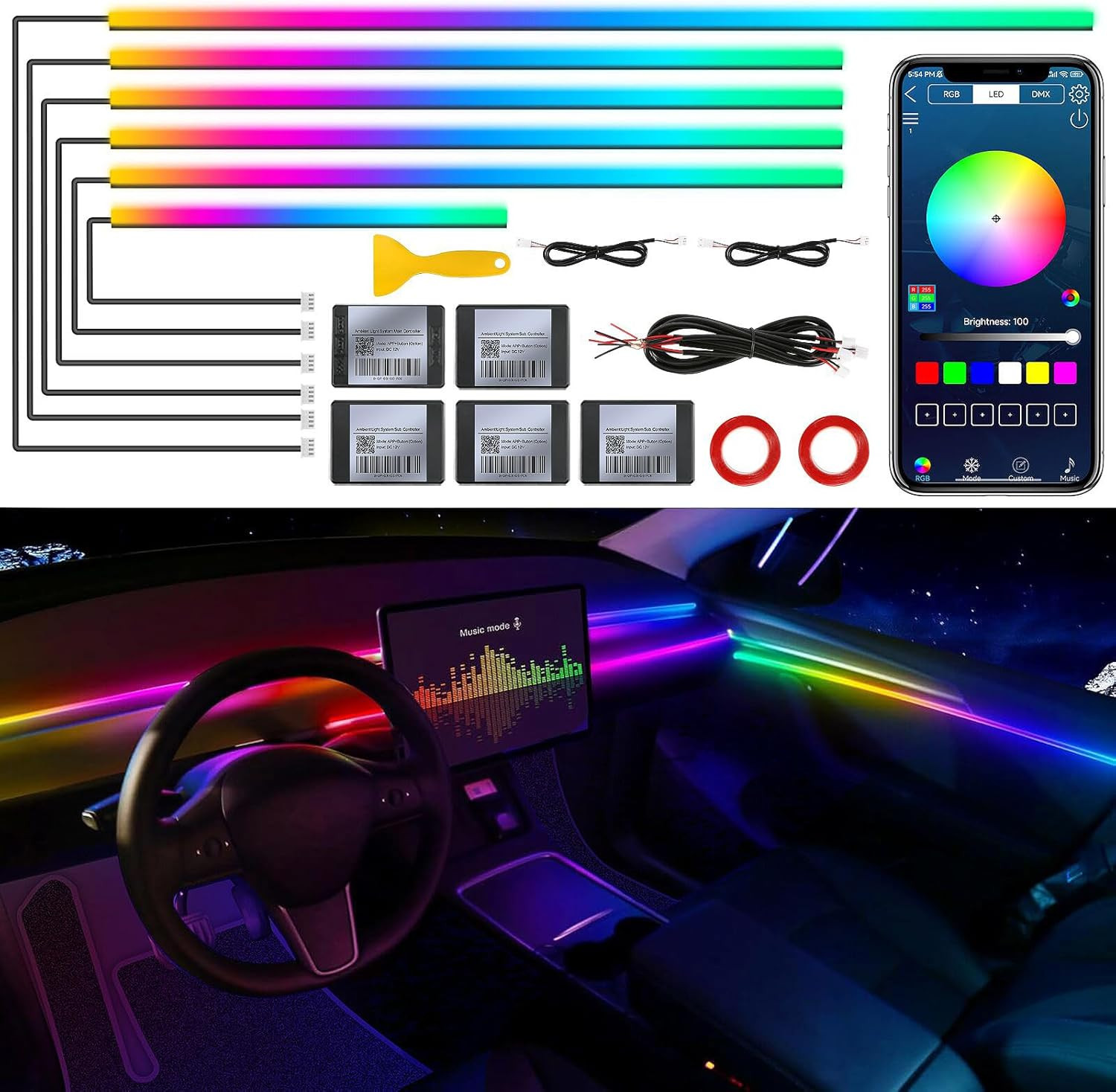 Dreamcolor Acrylic Interior Car LED Strip Light with Wireless APP, RGB 6 in 1 wi