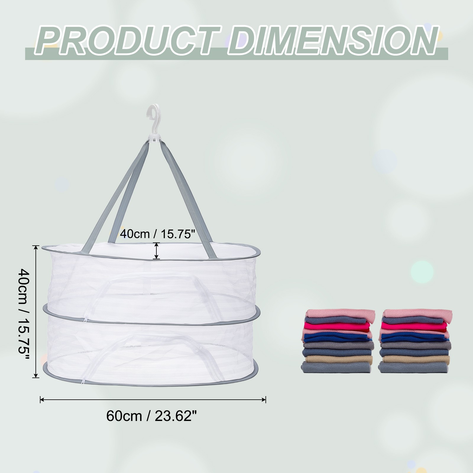 24" Herb Drying Rack Hanging 2 Layer Hanging Mesh Net with Zipper, Grey