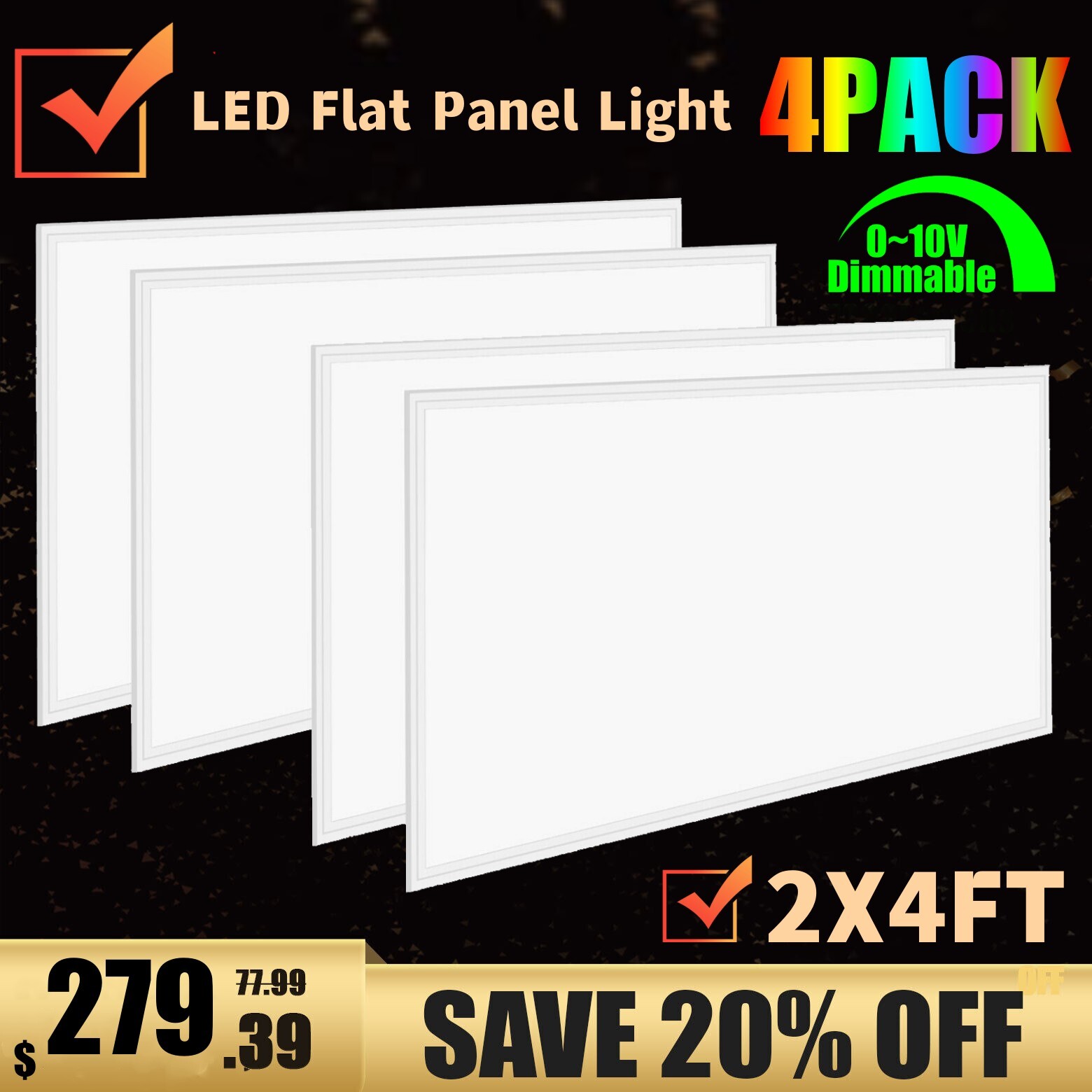 2X4FT LED Flat Panel Light 8400LM 75W 5000K Dimmable Drop Ceiling Office Lights