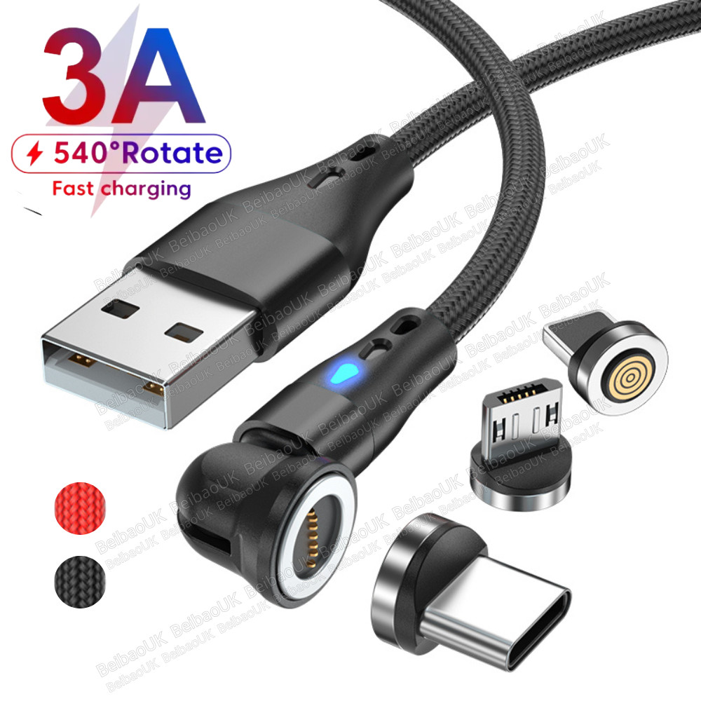 Magnetic Charger Cable Fast Charging Phone Type C Micro USB IOS 180°+360° Rotate