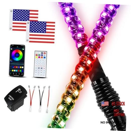 2 Pack 4FT Whip Lights with Spring Base, LED Whip Light with App & 4FT (2 Pack)