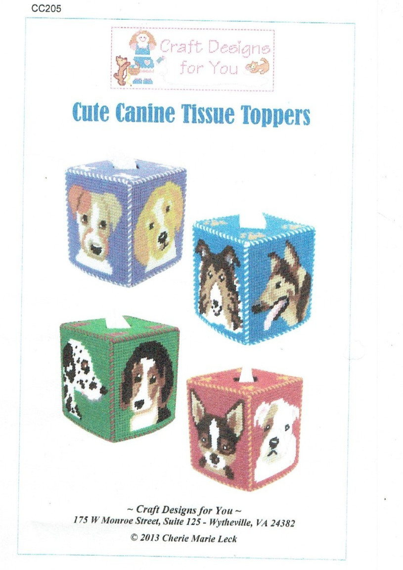 CUTE CANINE TISSUE BOX TOPPERS  plastic canvas  PATTERN (#TF0221)