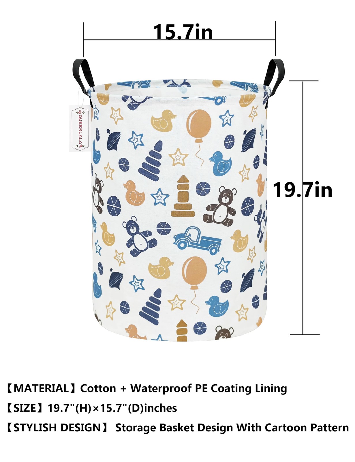Large Round Collapsible Storage Basket Laundry Hamper Colorful Bear Decor