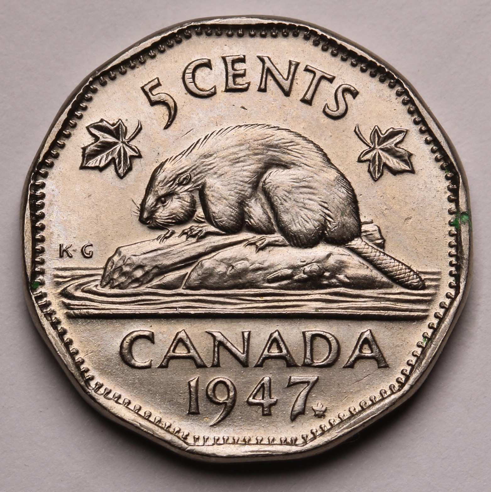 1947 Canada 5 Cent Coin  George VI   KM# 39a -Maple Leaf After Date, AU