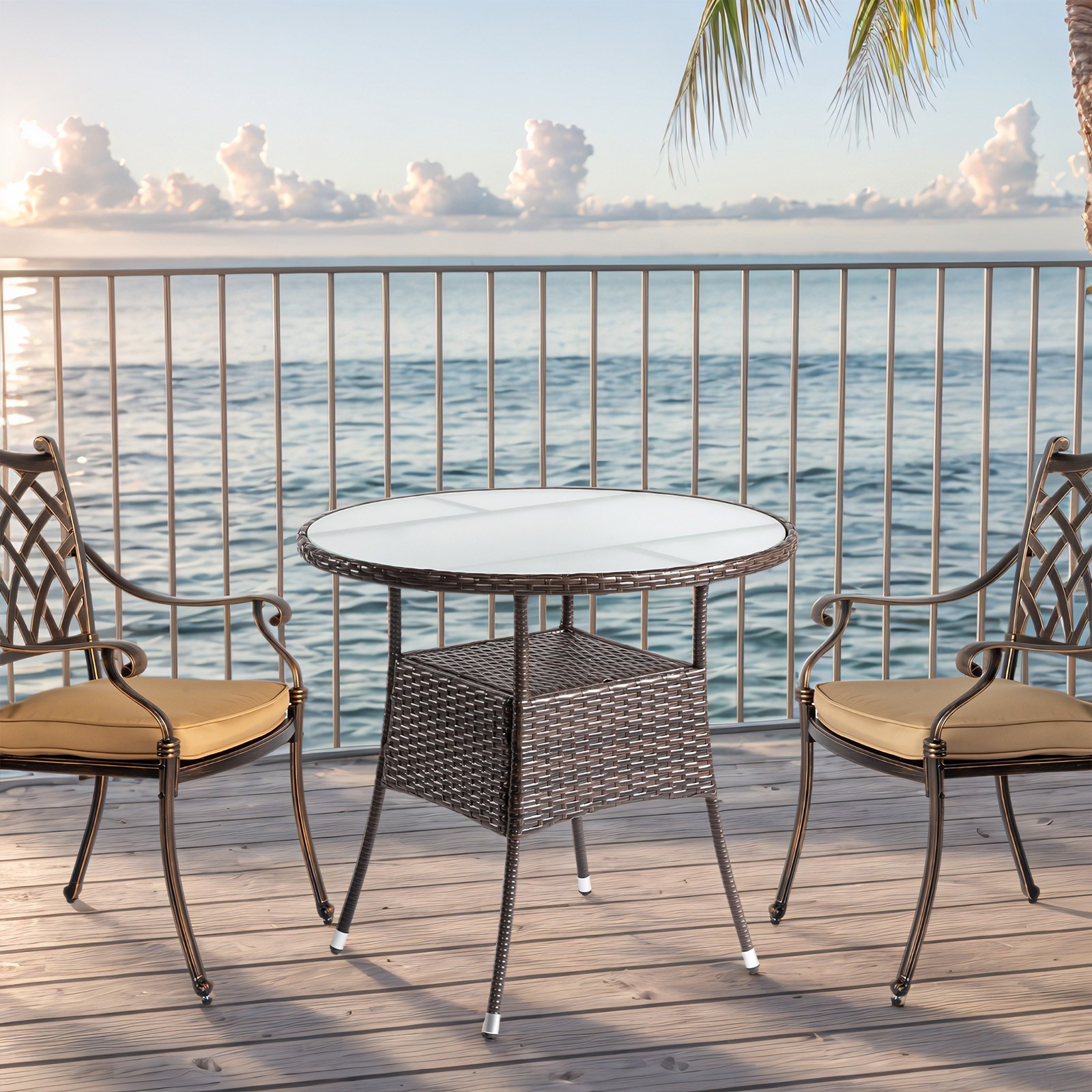 In/Outdoor 31.7" Patio Wicker Round Garden Dining All-Weather Rattan Table Brown