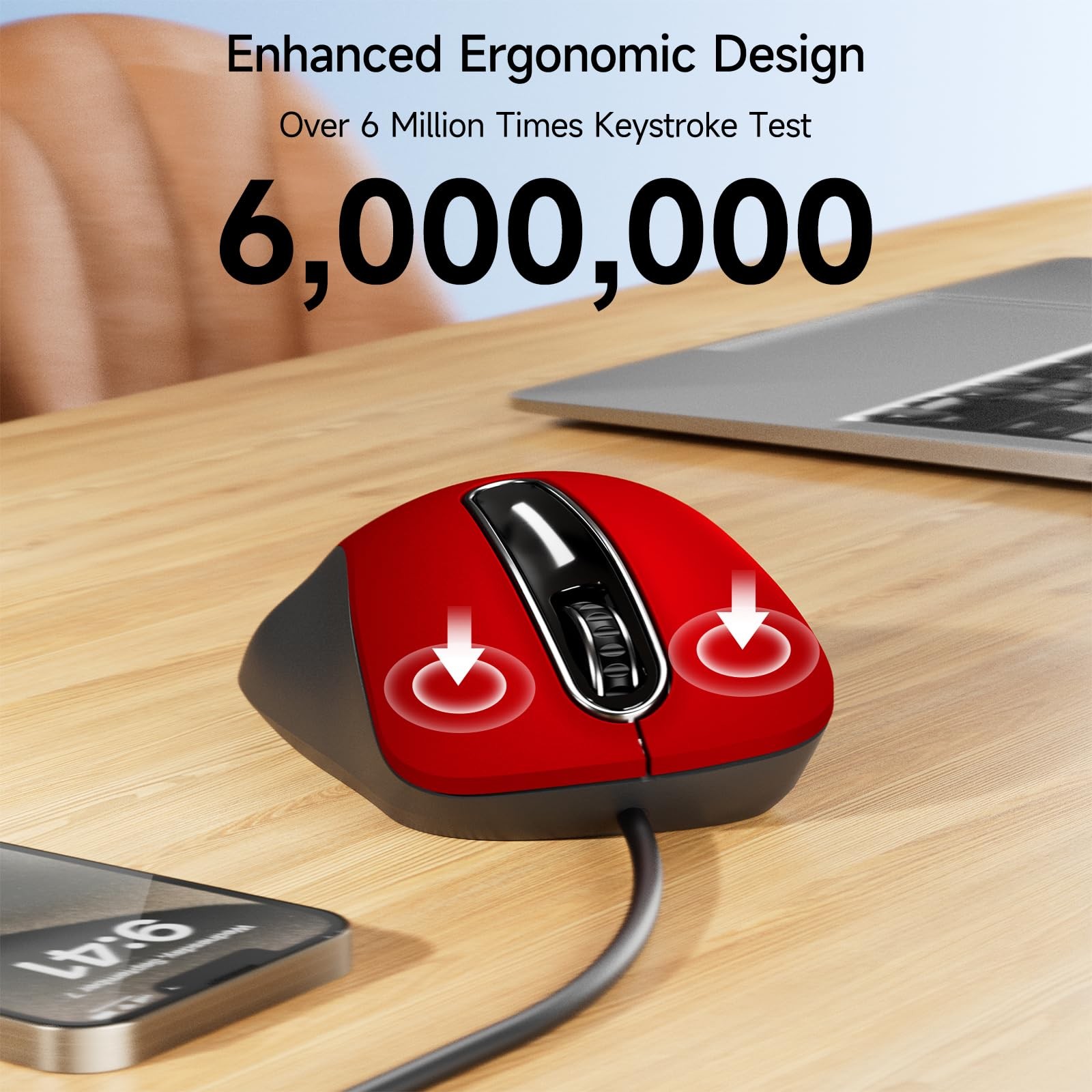 memzuoix Wired Mouse, USB Computer Mouse 1400 DPI Mobile Optical Red