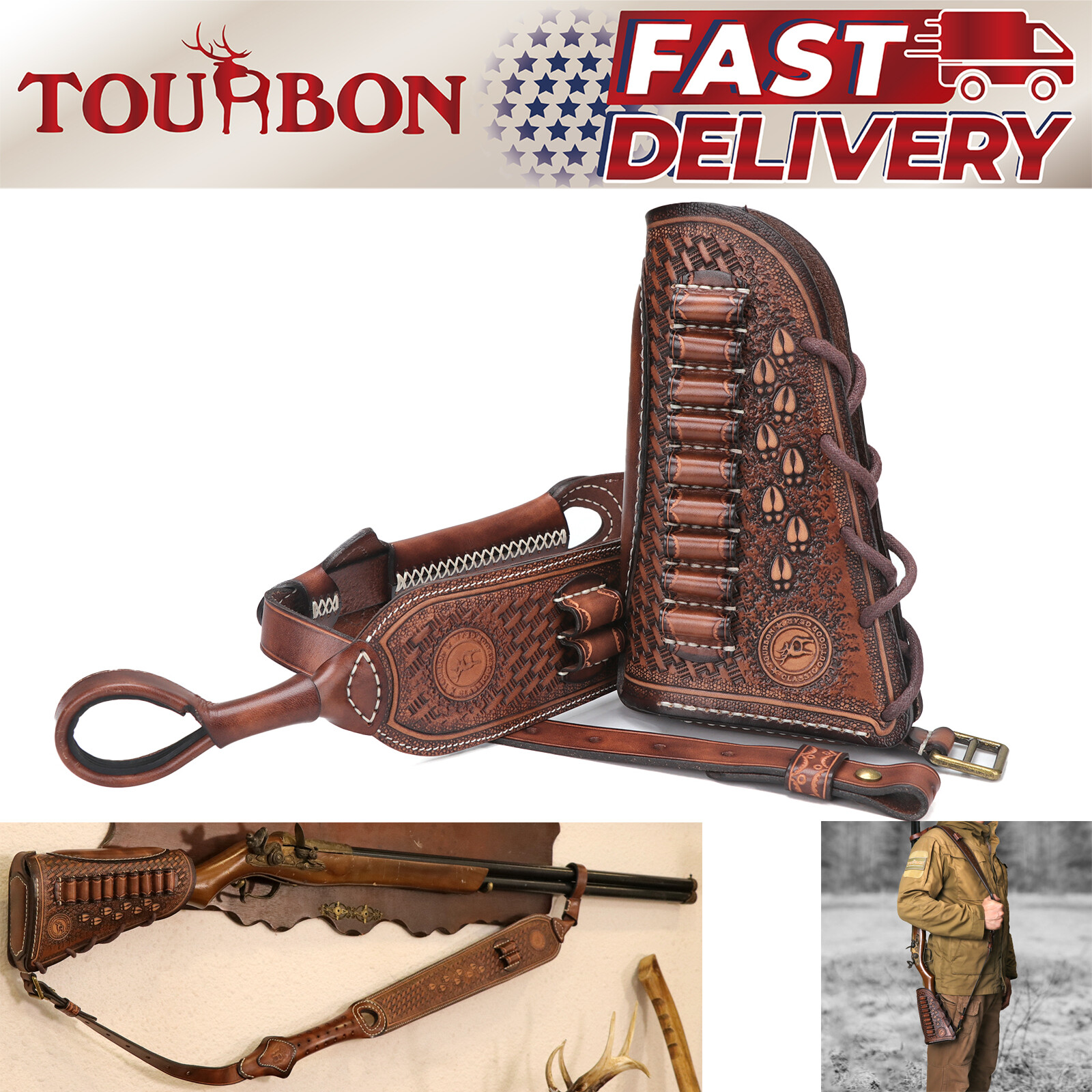 Tourbon Hunting Leather No Drill Gun Sling Strap or Rifle Stock Cover Recoil Pad