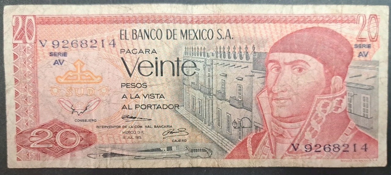 1973 Mexico 20 Pesos P64a, Serie AV V9268214.