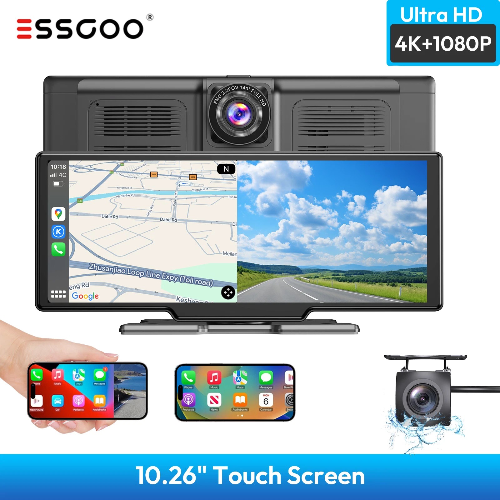 2026 Wireless Carplay Android Auto Screen for Car 10" IPS Portable Touch Screen