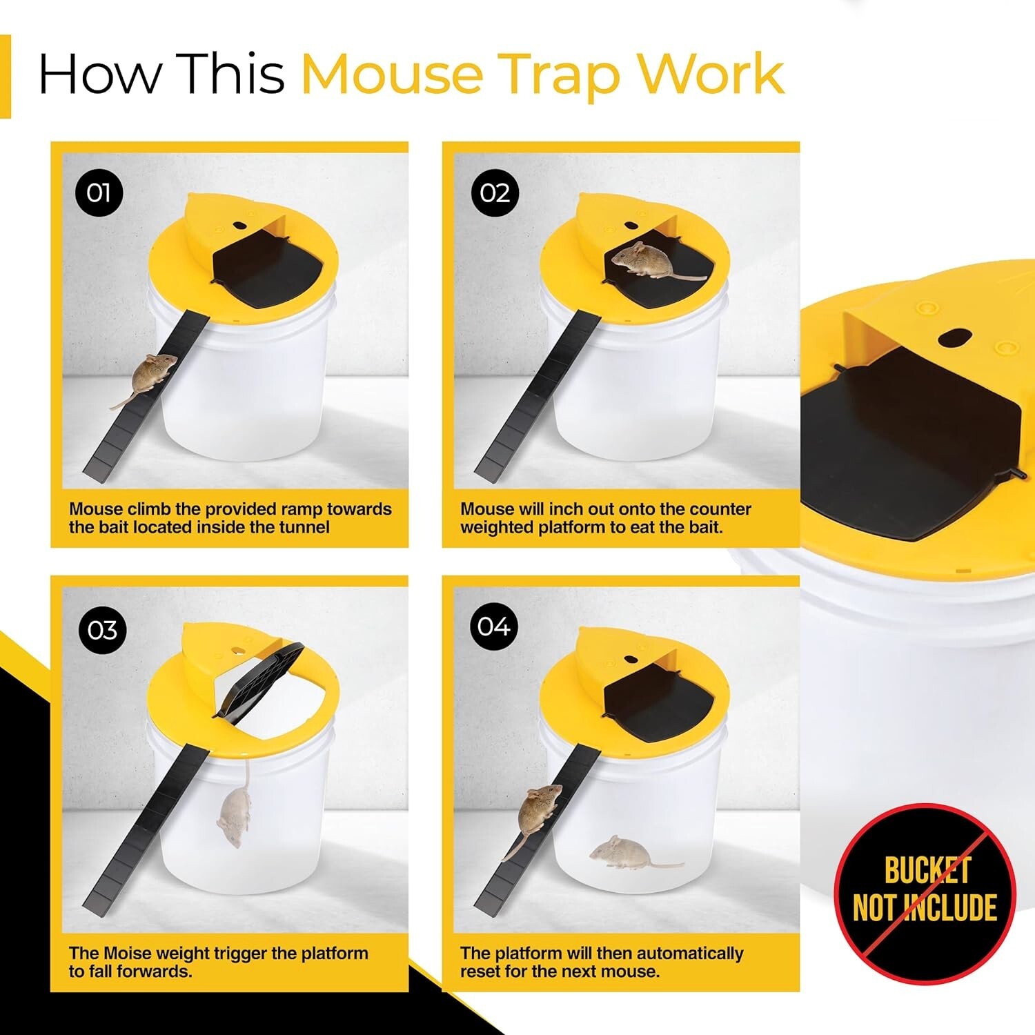 HUMANE Mouse-Rat-Rodent Trap "Flip & Slide" 5 Gallon Bucket Lid Multi Catcher