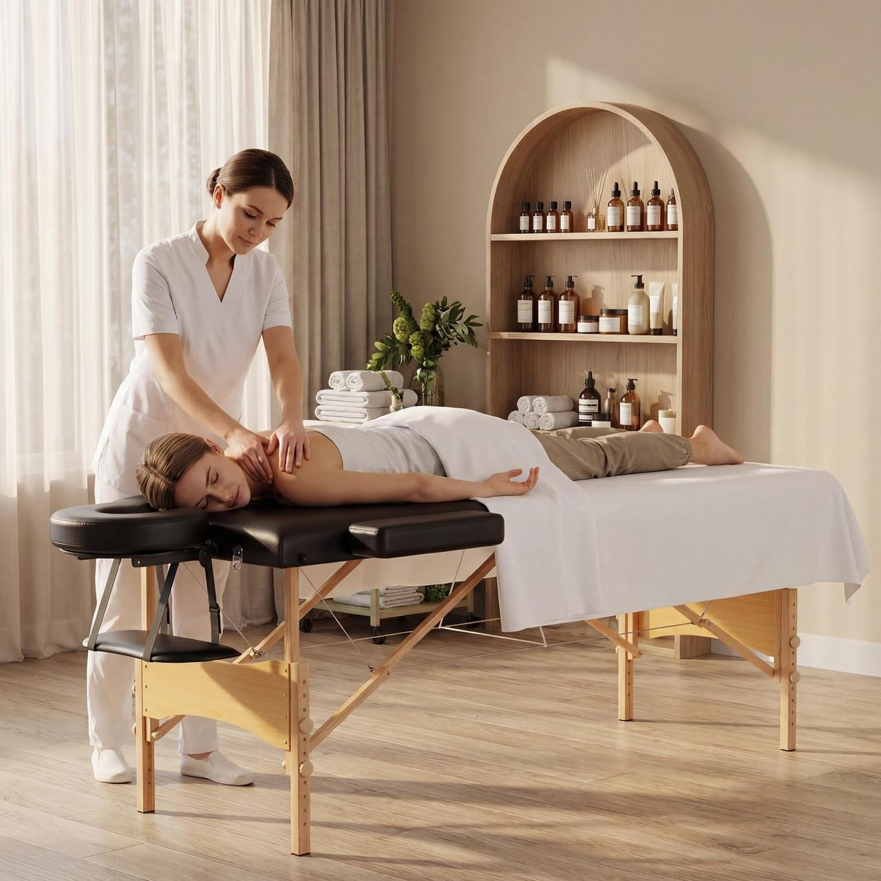 Massage Table Portable Wooden Lash Bed 24" Wide Adjustable Height 2-Fold