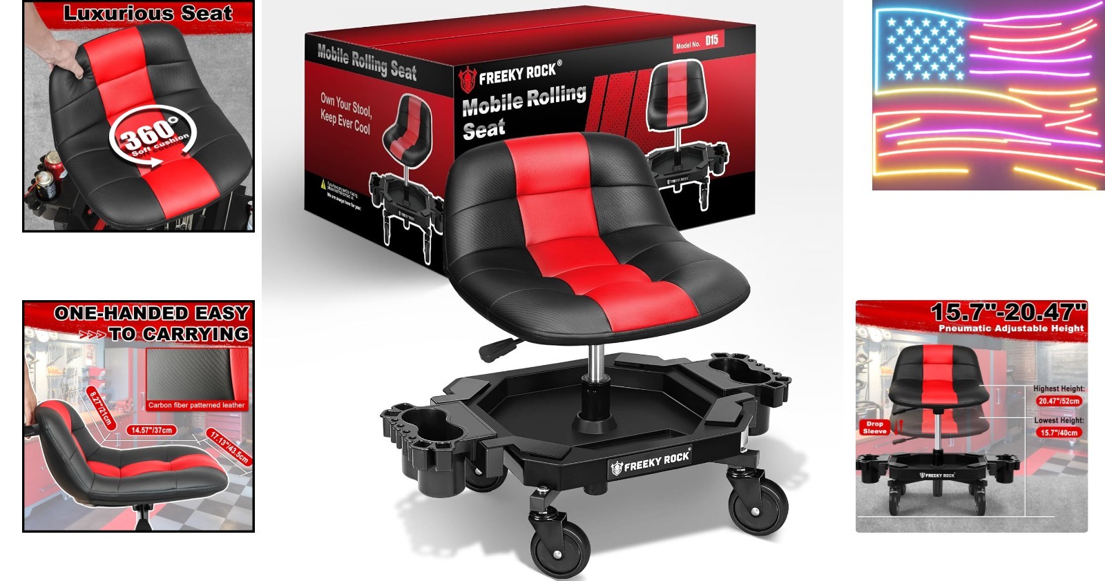 Rolling Stool with Wheels, Adjustable Height Pneumatic Garage Work Mechanic S...