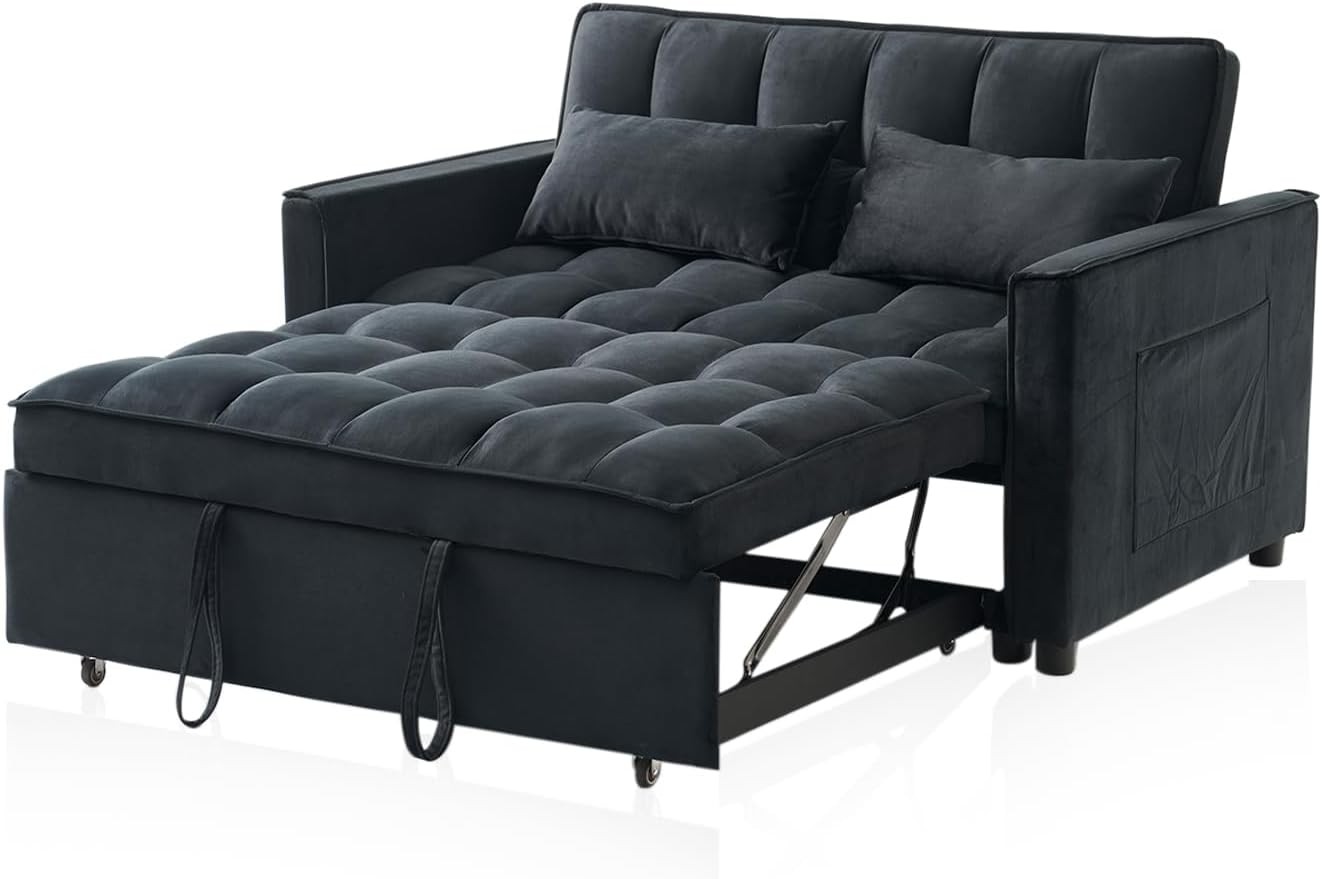 3-in-1 Loveseat Sleeper Sofa 55.5" Pull Out Couch Velvet Upholstered Futon Bed