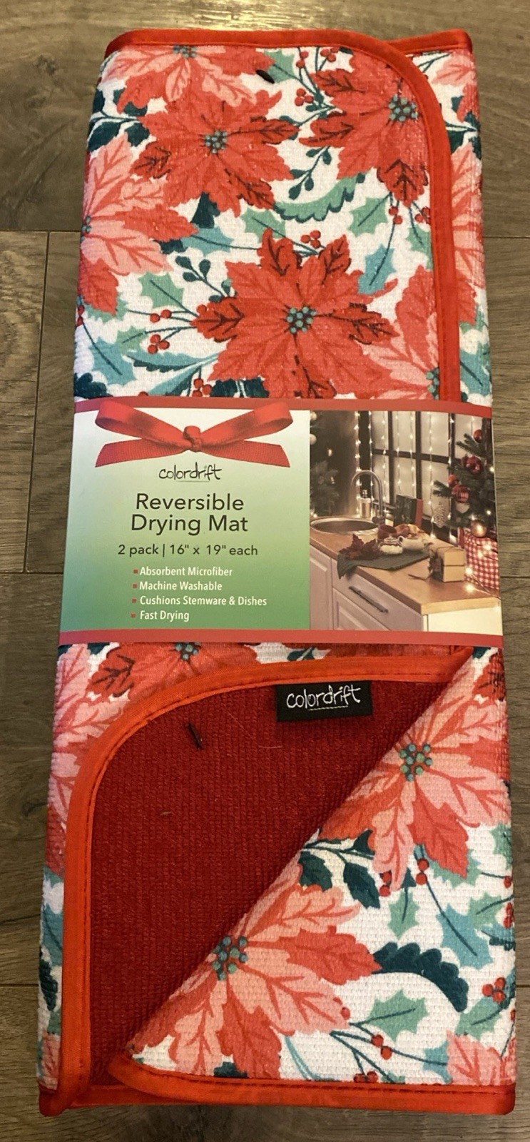Christmas Poinsettia Color Drift REVERSIBLE DRYING MATS Berries 16X19” MICROFi