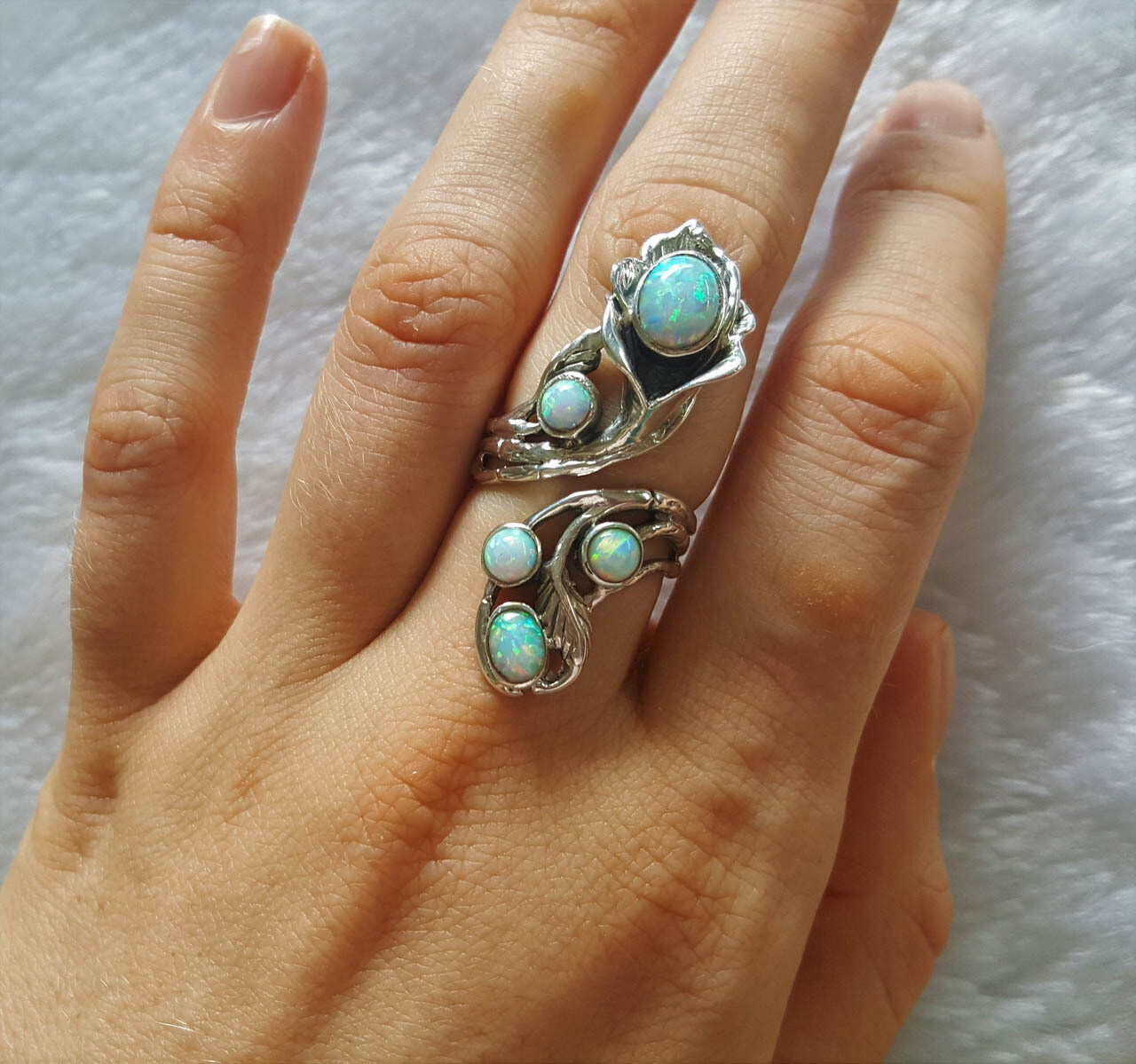 925 Sterling Silver FLower Precious OPAL Flower Unique Bouquet Adjustable Ring