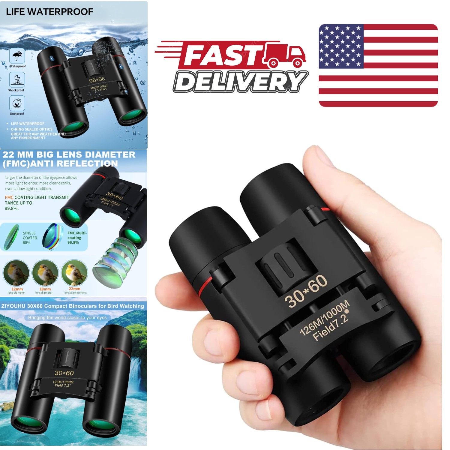 30x60 Compact Binoculars Easy Focus Foldable Design for Theater and Concerts