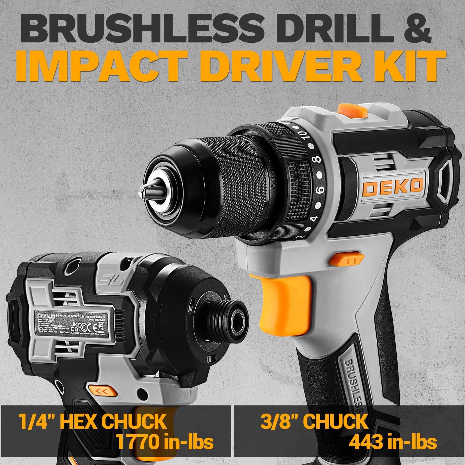 Cordless Drill Impact Driver Set Brushless 20V 2 Batteries Power Tool Kit Yellow