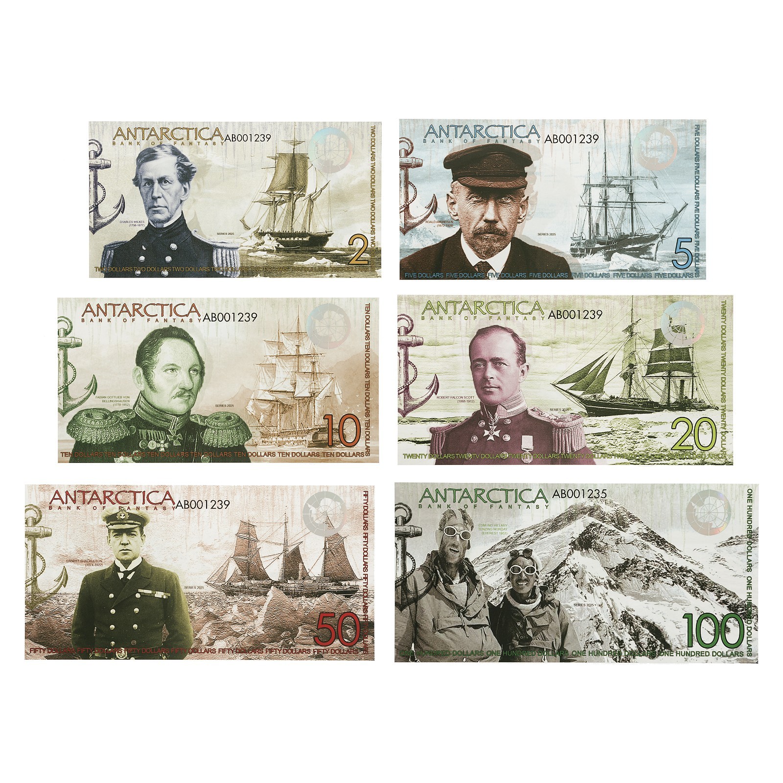 Set of 6 diff. 2025 Antarctica 2, 5, 10, 50, & 100 Dollars AU-UNC