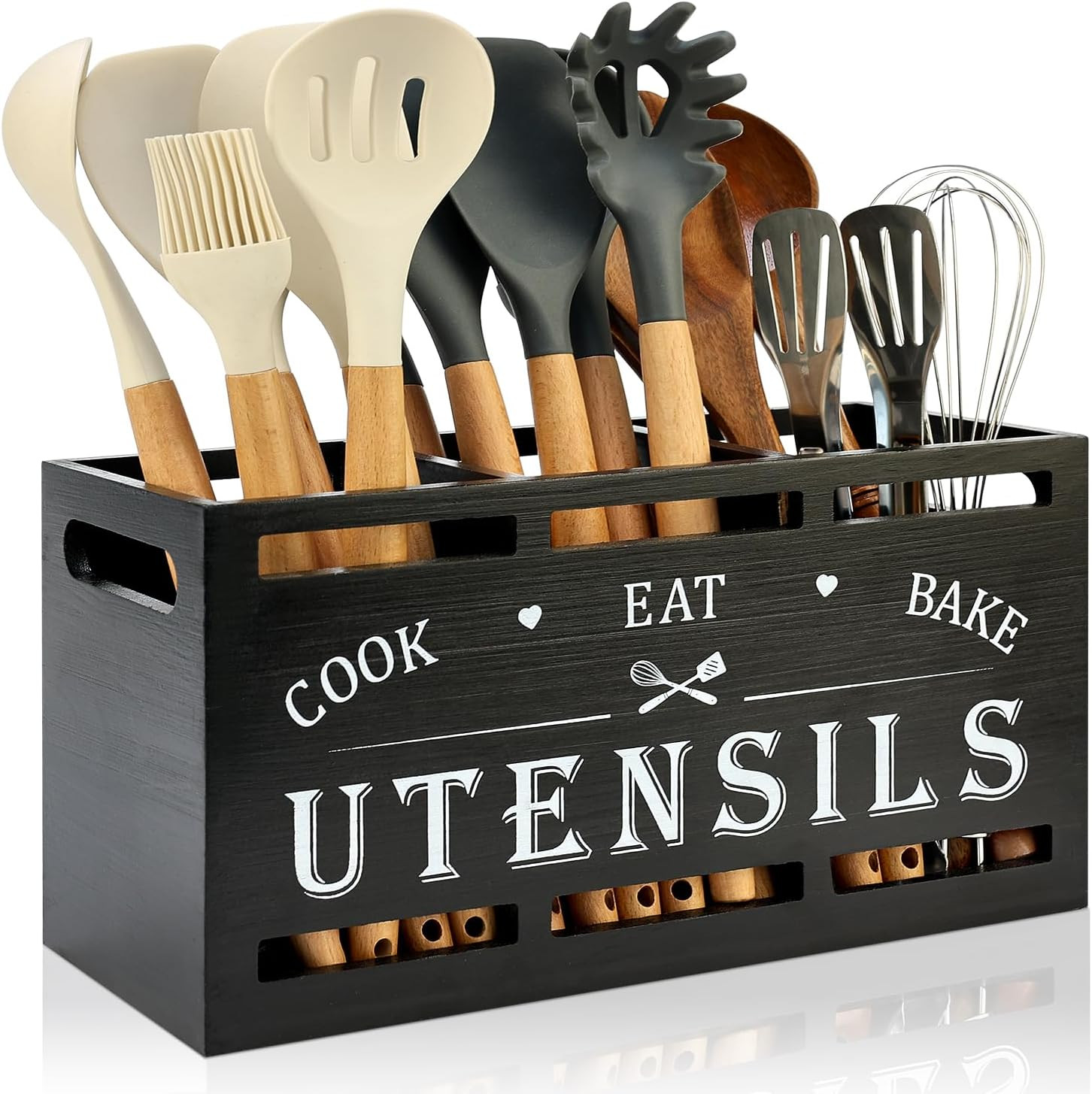 Large Black Wood Utensil Holder for Kitchen Decor Spoon Spatula Organizer | Wood