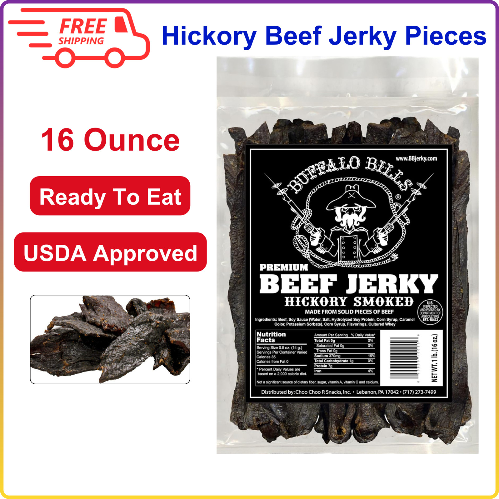 Buffalo Bills 16 Oz Premium Hickory Beef Jerky Pieces (Hickory Smoked Jerky)