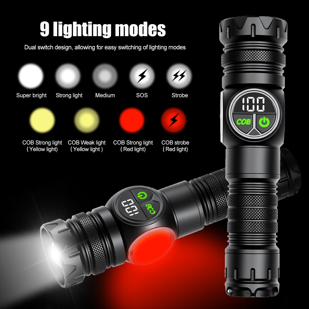 White Laser LEP Flashlight Torch COB Yellow Red Light Zoomable USB Rechargeable