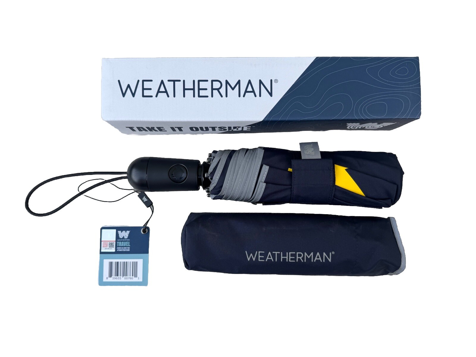 Weatherman Portable Blue TRAVEL Umbrella w/ Cover Heavy Duty -Yellow M Logo NEW