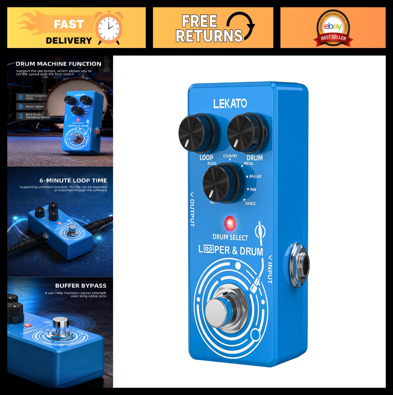 2-in-1 Guitar Looper & Drum Machine Pedal, 6 Min Loop, 8 Drum Grooves, Tap Tempo