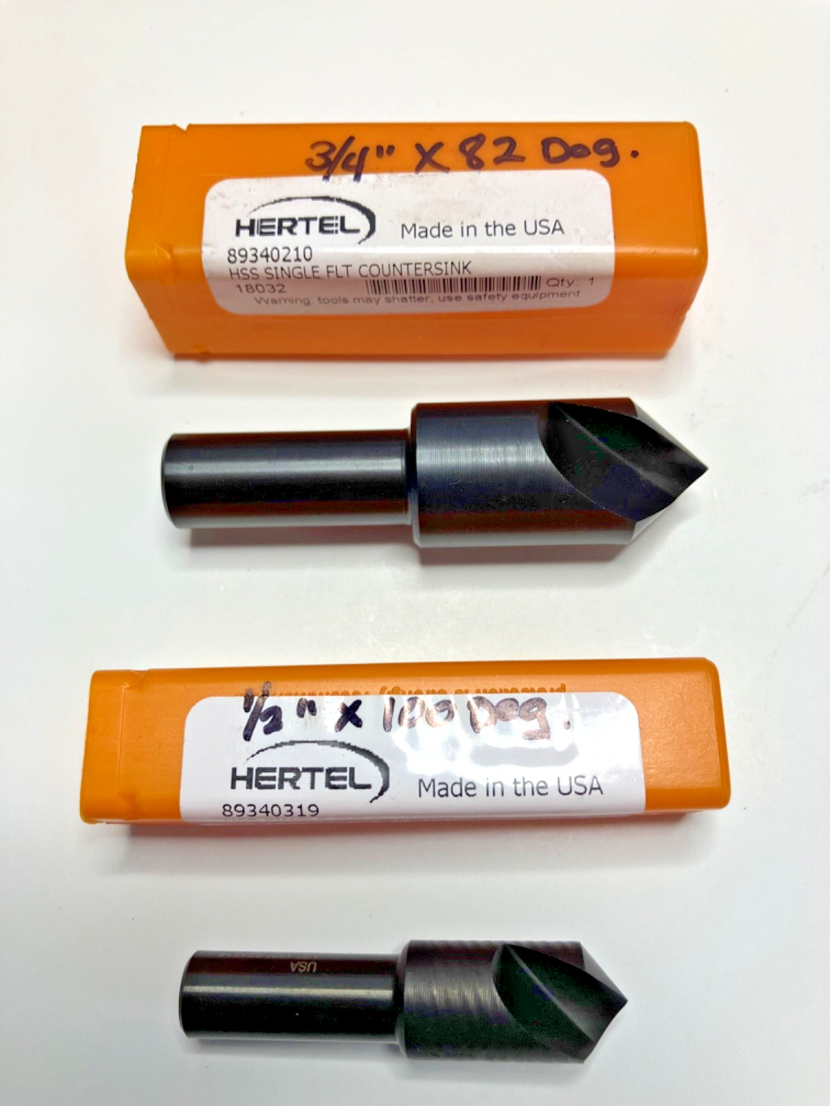 New/ minimally used Hertel Countersinks. (1/2x100 Deg is new-3/4 x 82 Min. Used
