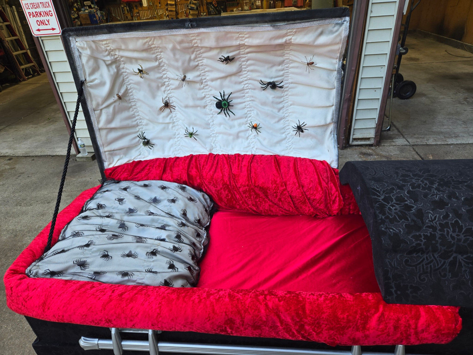 Halloween Prop and/or All Purpose Adult Size Spider Lined Real Casket with Bier