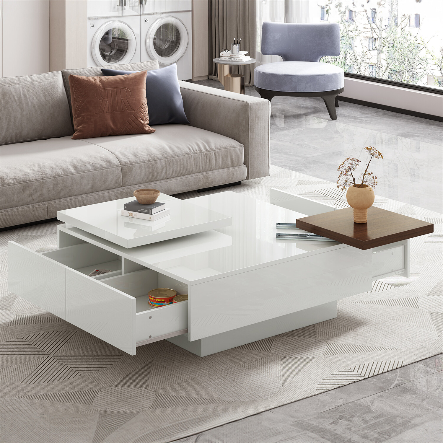 High Gloss Coffee Table Cocktail Center Table w/ 4 Drawers for Living Room