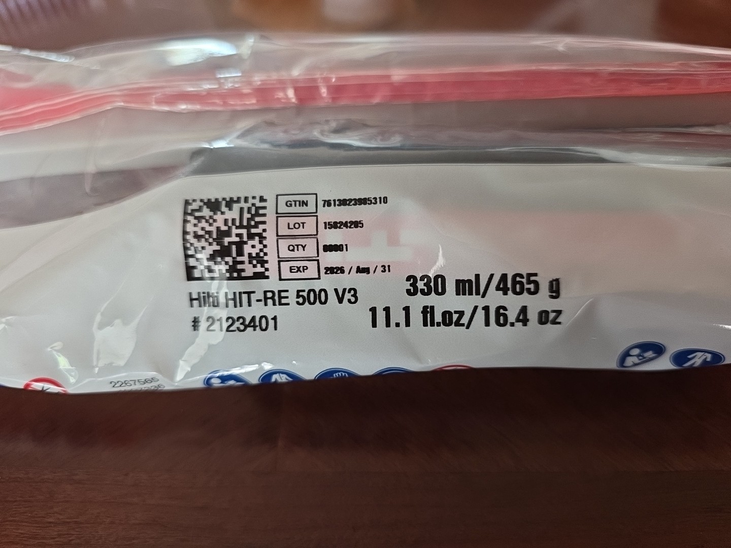 Hilti 2123401 HIT-RE 500 V3 11.1 Oz Mortar Epoxy Cartridge Exp 08/31/2026