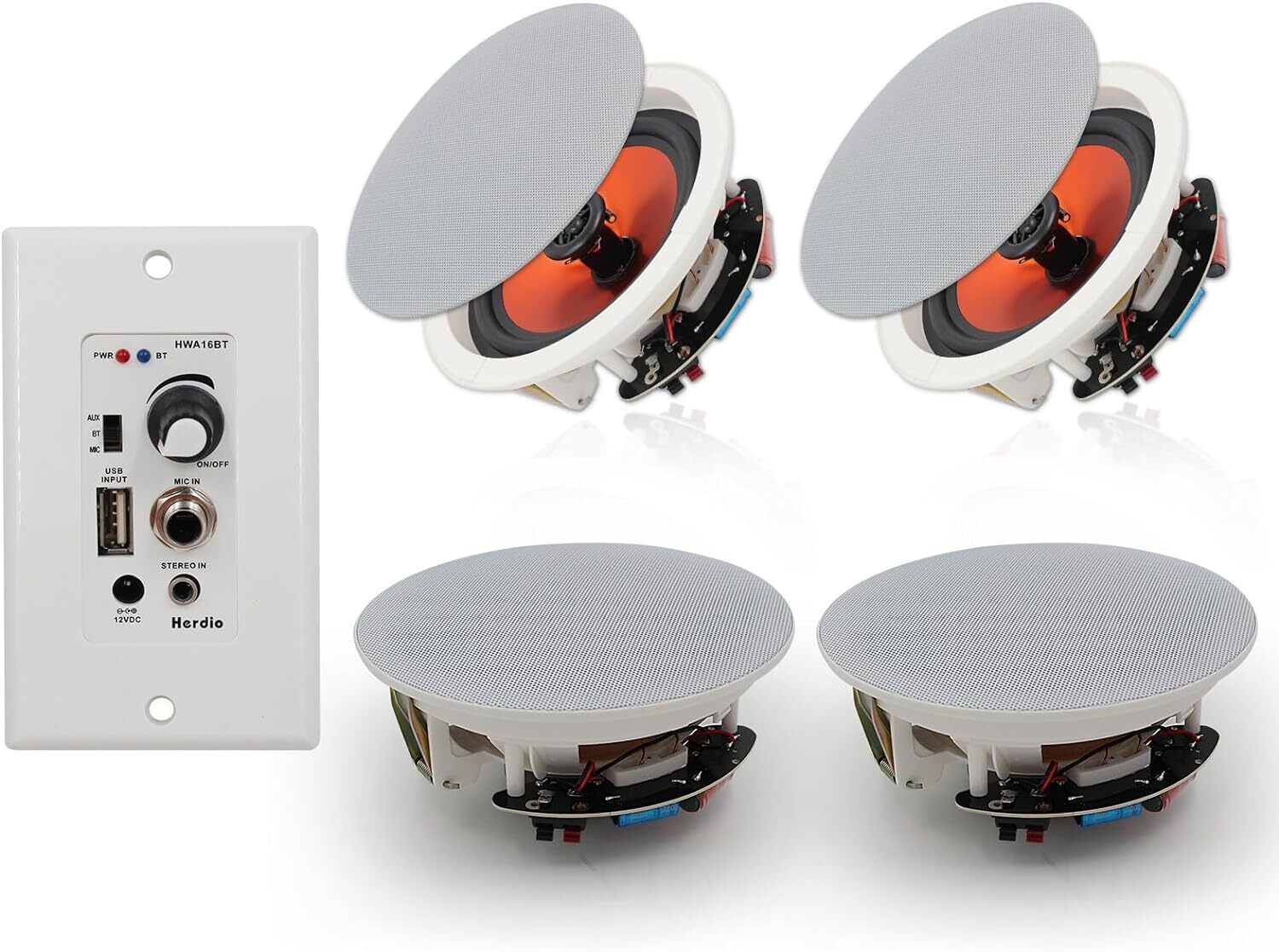 4* Herdio 2-Way Bluetooth Ceiling Speakers + in Wall Amplifier Receiver 3 Sizes