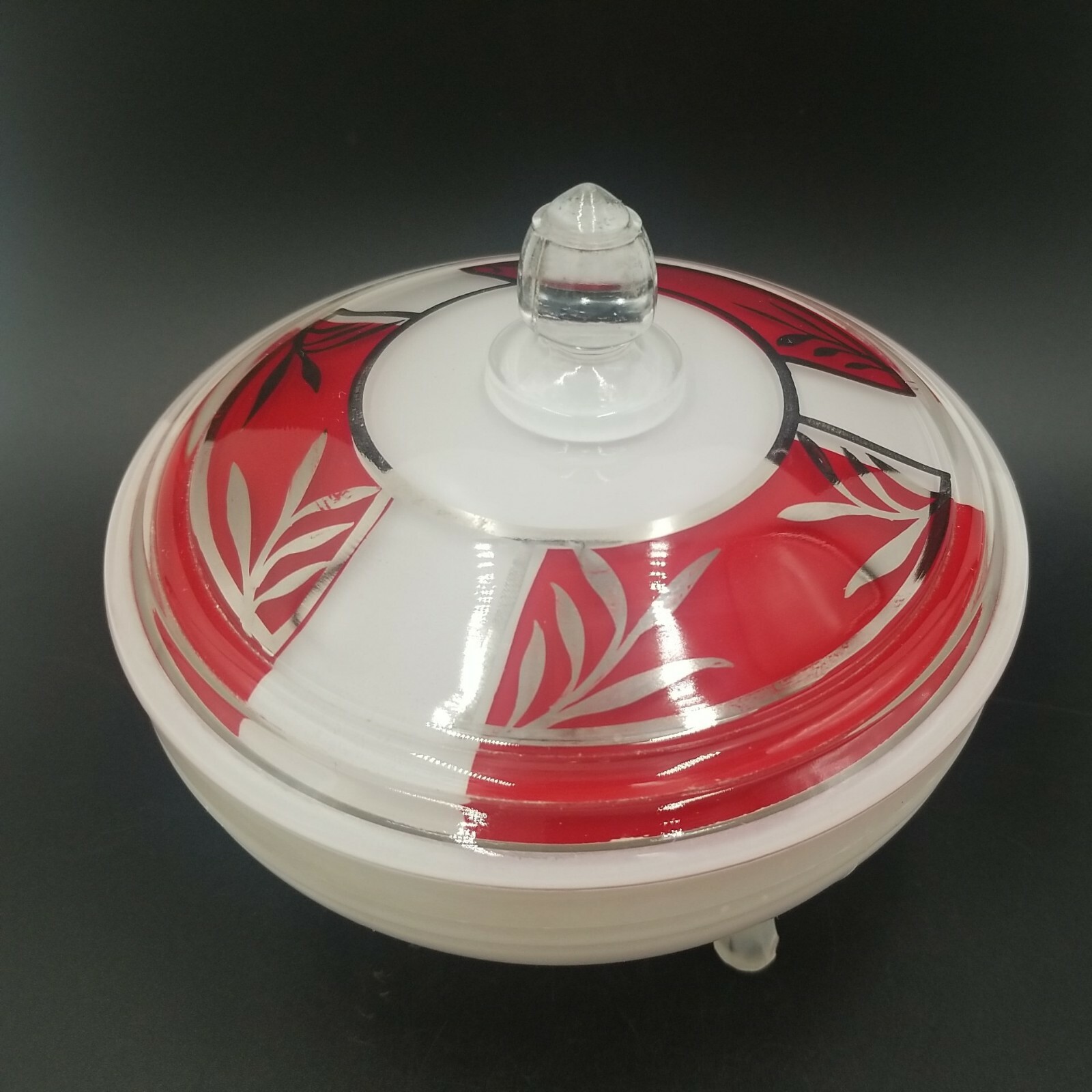 Vintage Glass Candy Dish with Lid With Reverse Painting Gold Detail 3 Footed