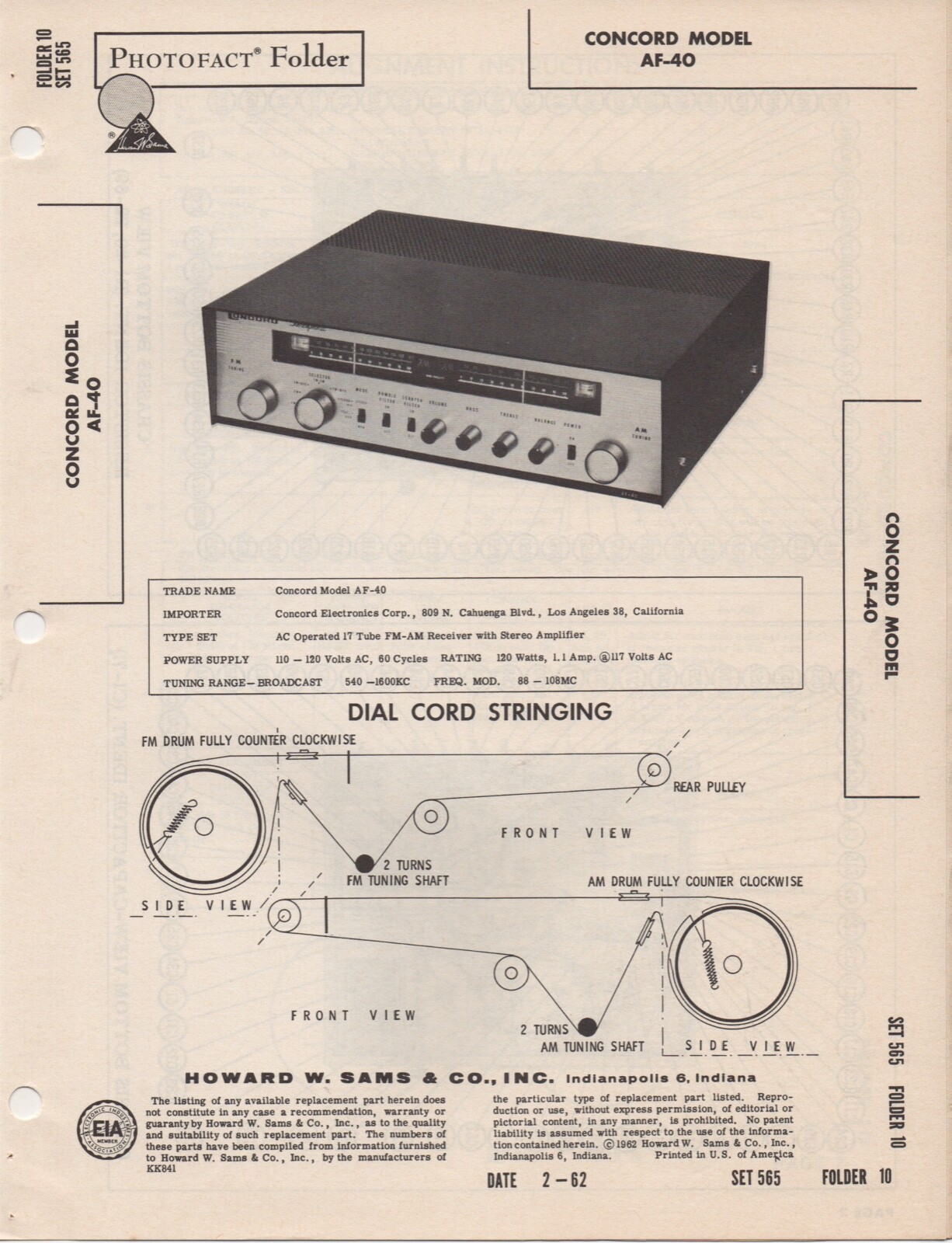 1962 CONCORD AF-40 AMPLIFIER SERVICE MANUAL SCHEMATIC