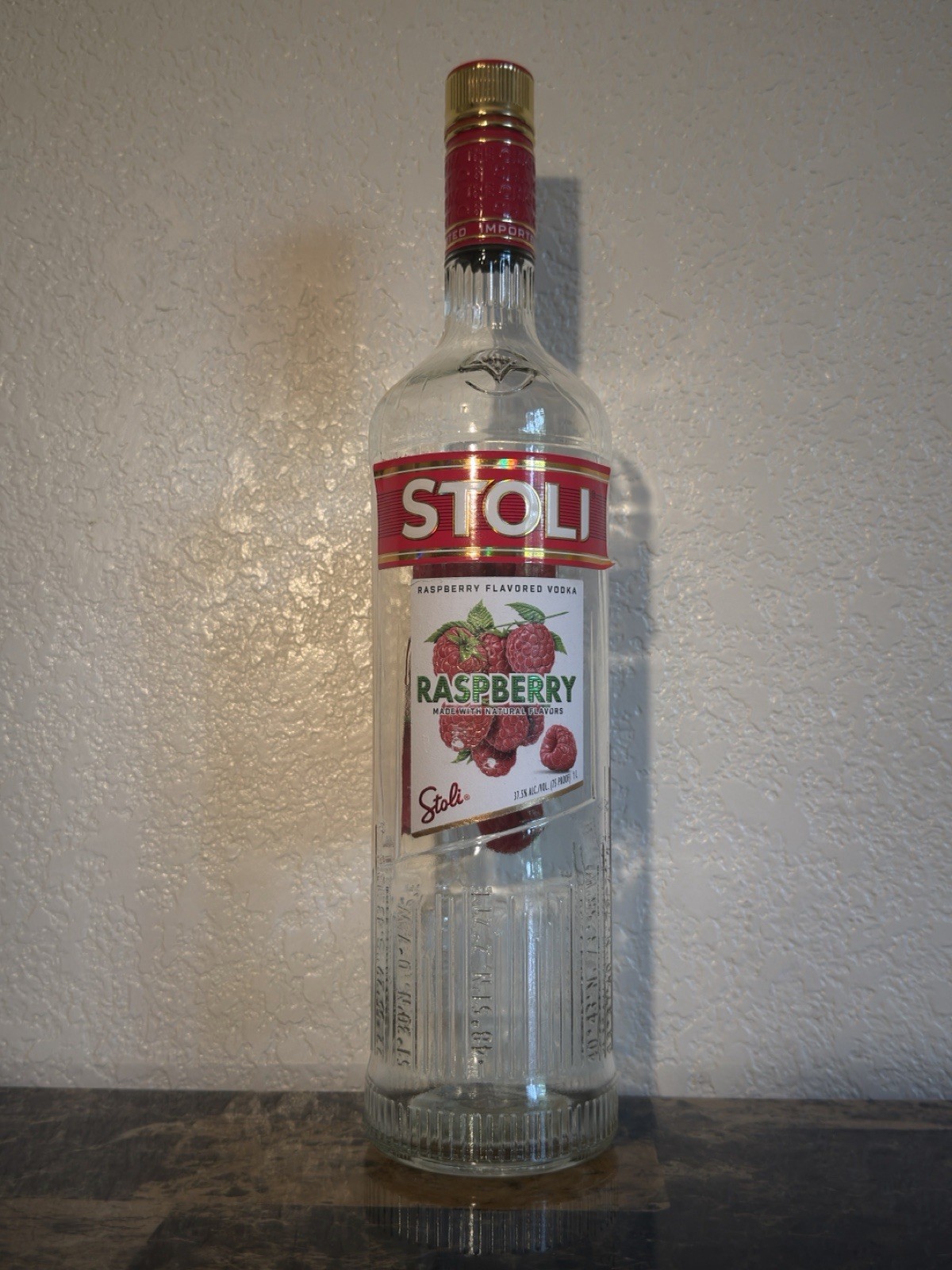 Stoli Raspberry Flavored Vodka Collectible Empty Clear Liquor Bottle 1L
